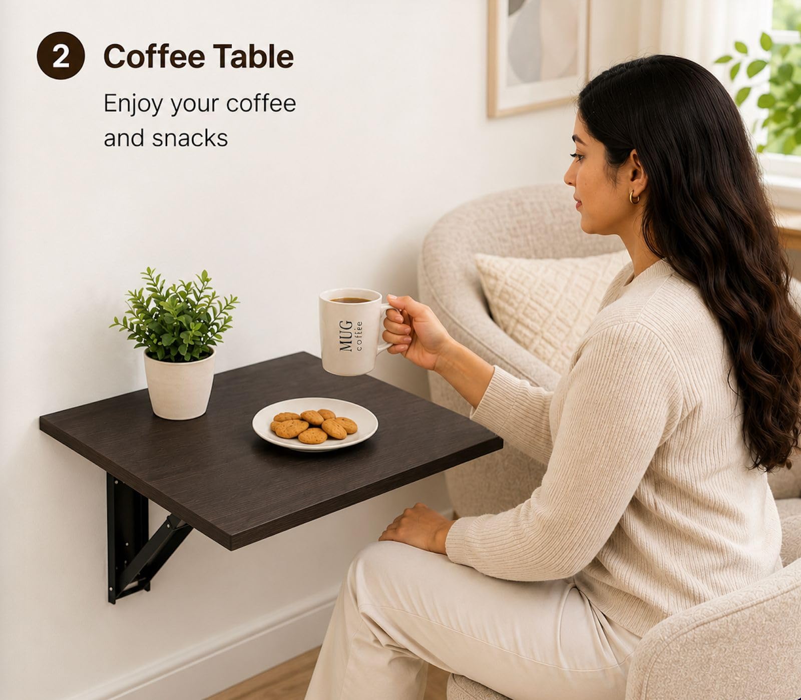 Kawachi Engineered Wood Wall Mount Bed Side Table, Folding Bedside Table, Mini Laptop Table for Home Living Room Study Room Brown 1