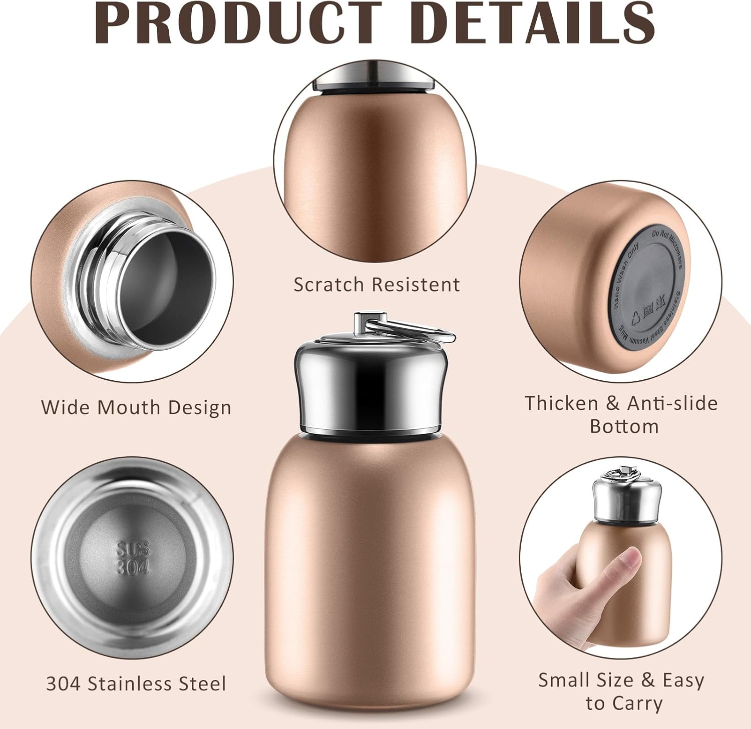 Mifoci 1 Pcs 10oz Mini Water Bottles Stainless Steel Slim Insulated Thermal for Hot Cold Drink Thermal Small Vacuum Portable Water Bottle for Women Gifts Travel Camping Hiking (Rose Gold) - Image 3