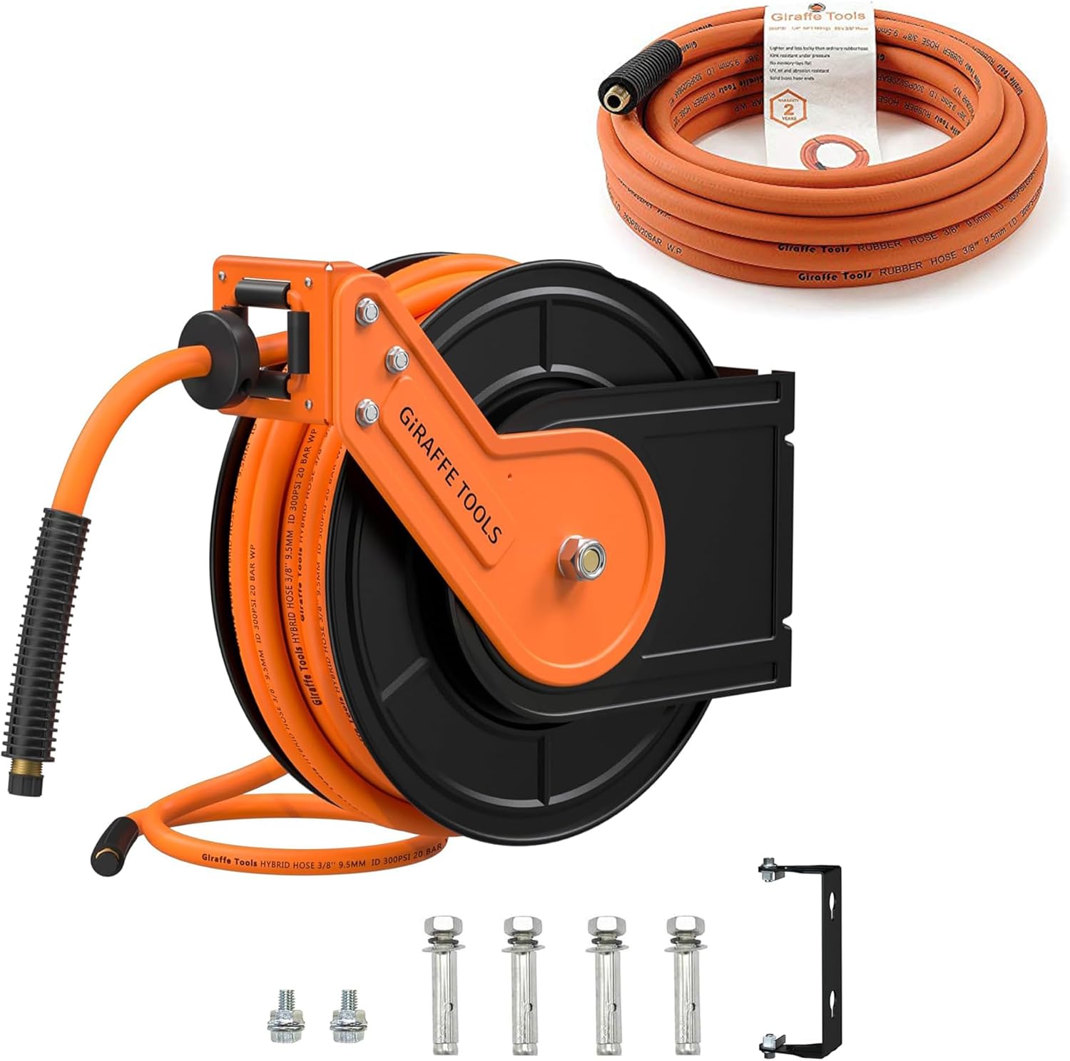 Air Hose, 3/8 inch x 25 ft Air Compressor Hose, 1/4 in. MNPT Fitt and Giraffe Tools Retractable Air Hose Reel 3/8" x 50 ft, Max 300 PSI, Ceiling/Wall Mounted Industrial Commercial Air Compressor Reel