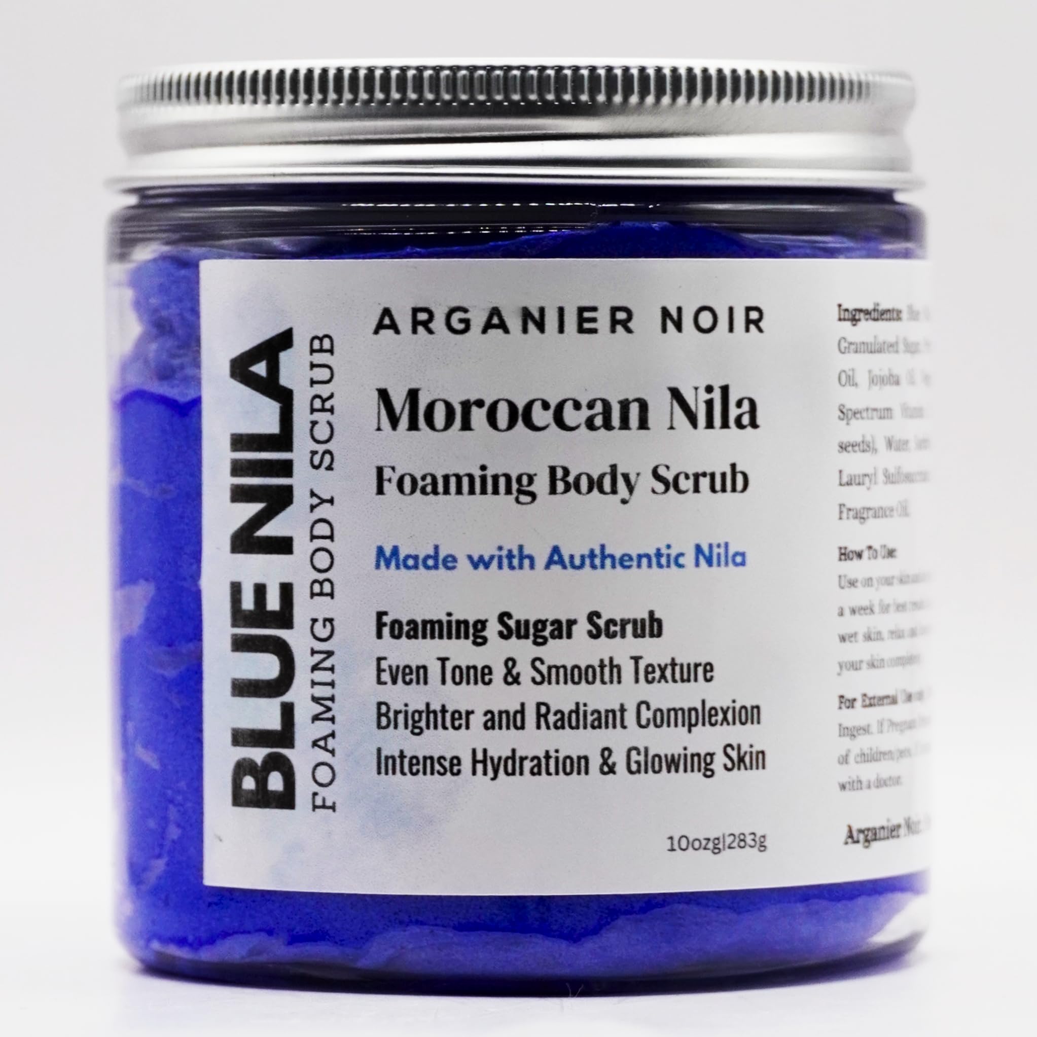 Blue Nila Foaming Sugar Scrub 2 in 1 Soap + Scrub made with Moroccan Nila deeply Clean the Skin, Gently Exfoliate and Even Skin Tone.