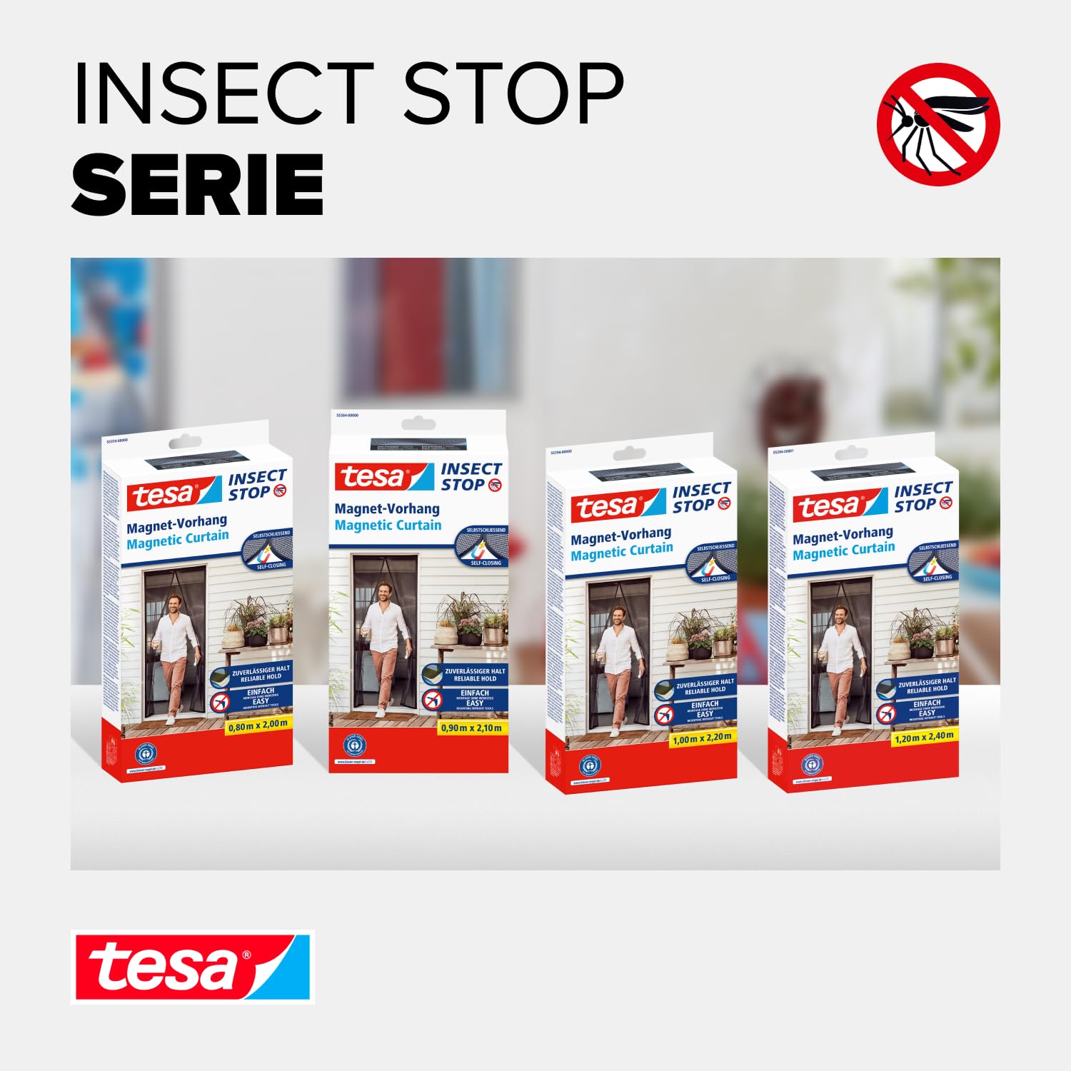 tesa Insect Stop - Cortina Mosquitera Magnética con Cierre Automático - Malla Protectora Contra Insectos para Puertas de Balcón y de Patio - Fácil Instalación sin Taladrar - 2,4 m x 1,2 m