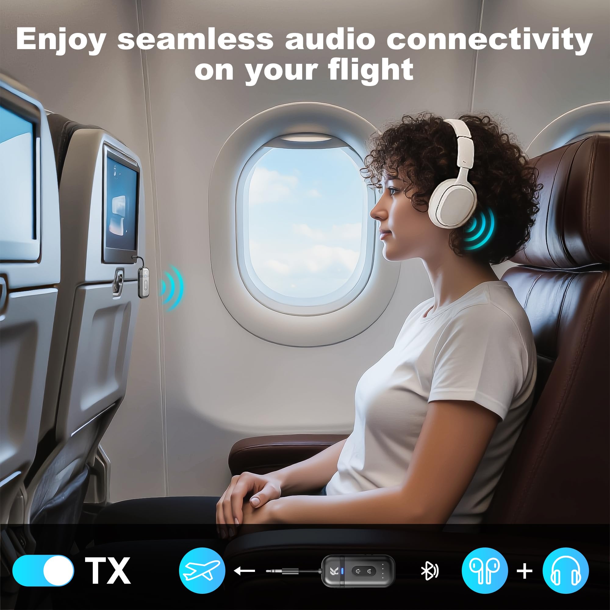 2026 Upgraded Bluetooth 5.4 Transmitter Receiver, 2-in-1 Airplane Bluetooth Adapter, Dual Device Pairing, with 3.5mm Aux Audio Jack for Travel, Aviation, Television, AirPods, Car — view 3