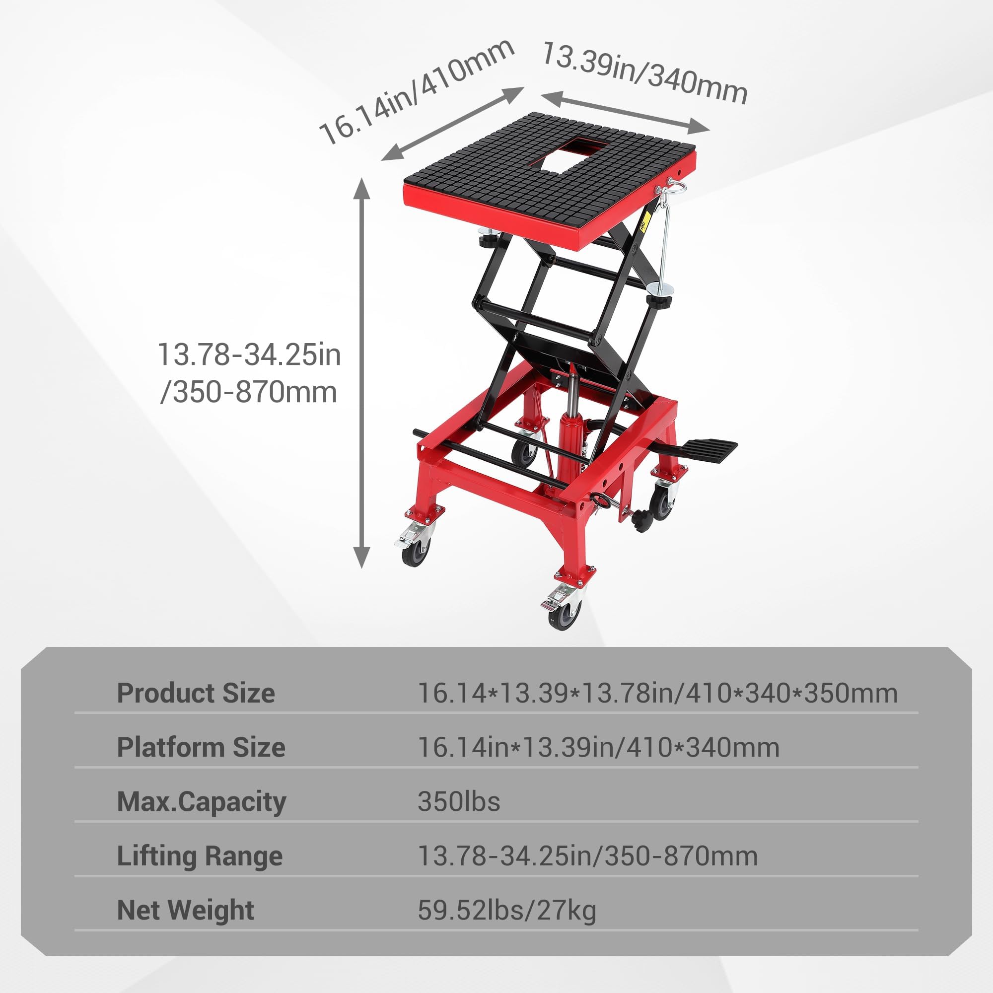 Sollevatore idraulico per moto 158,8 kg altezza sollevamento 35-87 cm pedana piattaforma ruote bloccaggio ATV