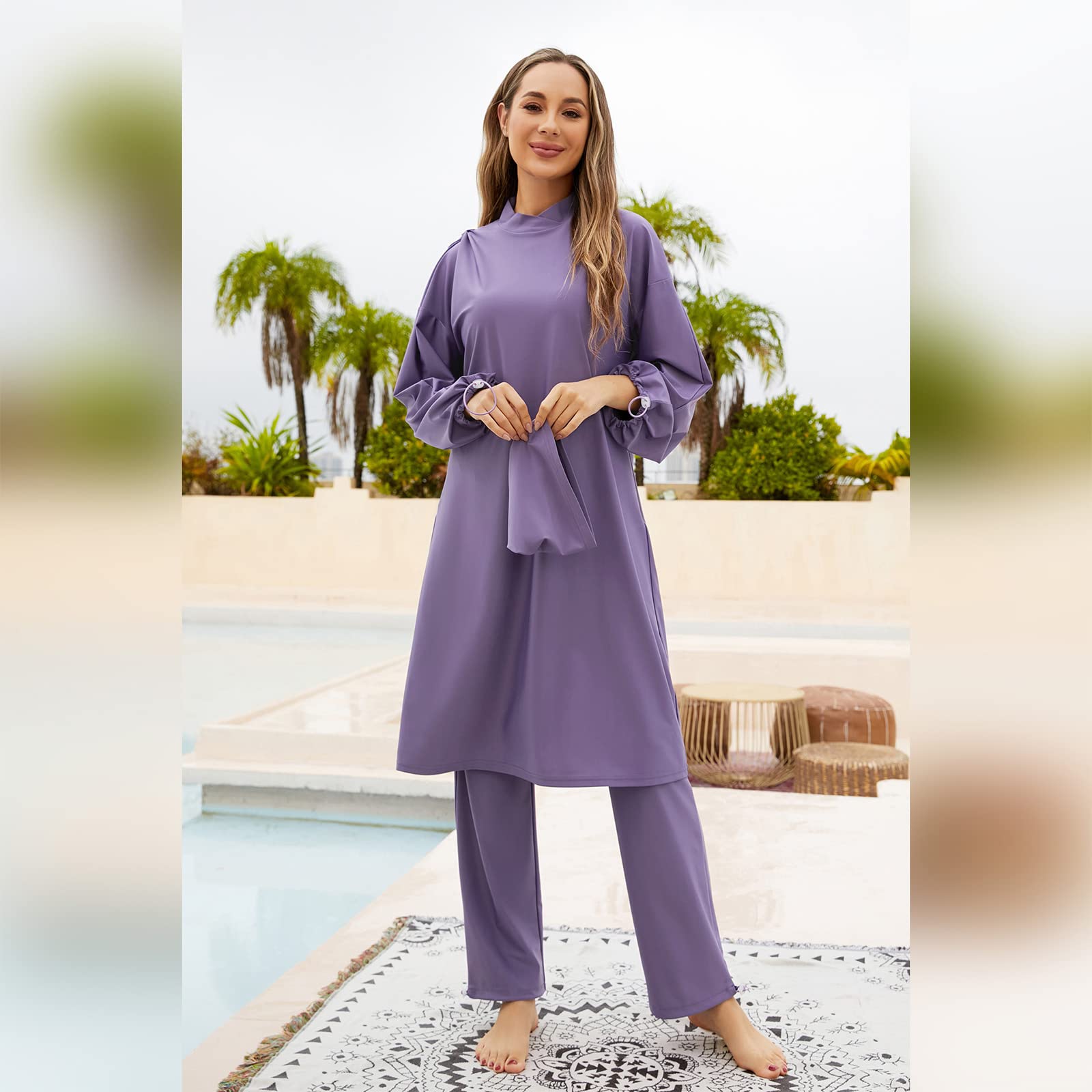 Odizli Burkini - Costume da bagno da donna musulmana a maniche lunghe + costume da bagno + cuffia da bagno, 3 pezzi