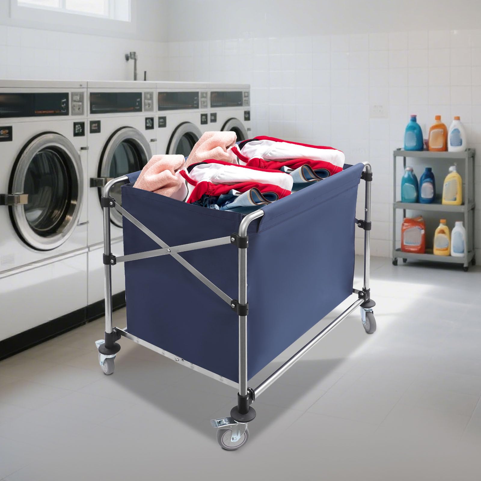 Carrito de lavandería con ruedas de 220 libras, cesto plegable de acero inoxidable y tela Oxford, cesta de la ropa con ruedas de freno para hotel, lavandería, hospital y hogar (negro)
