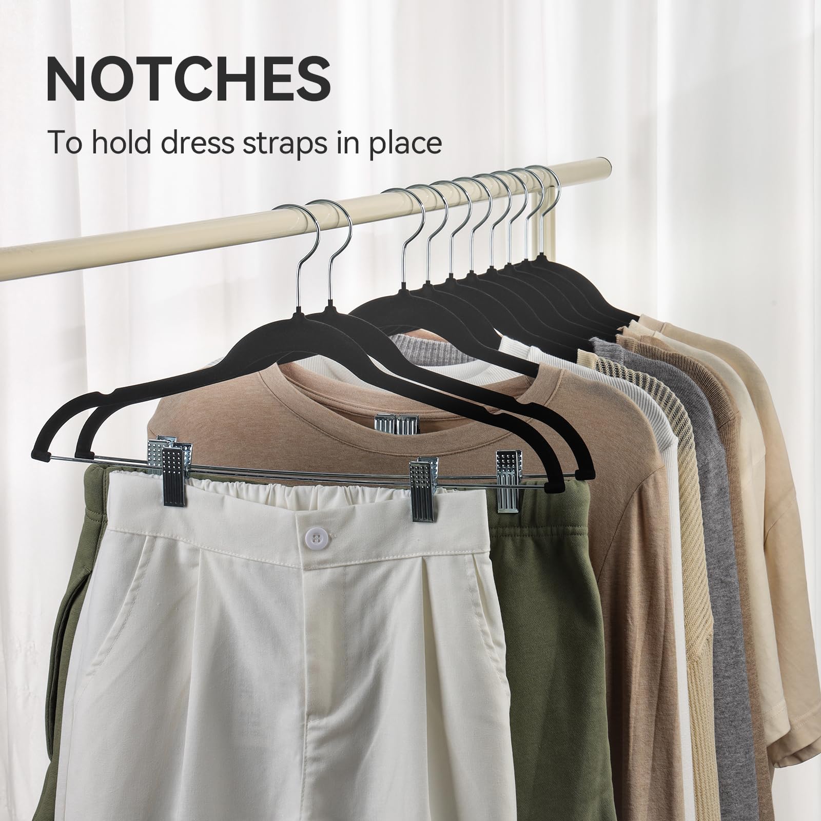 Softflame Samt Hosenbügel 24 Stück, rutschfeste Rock Kleidung Hosen Kleiderbügel mit verstellbaren Clips, 360° Drehhaken Schwarz/Silber