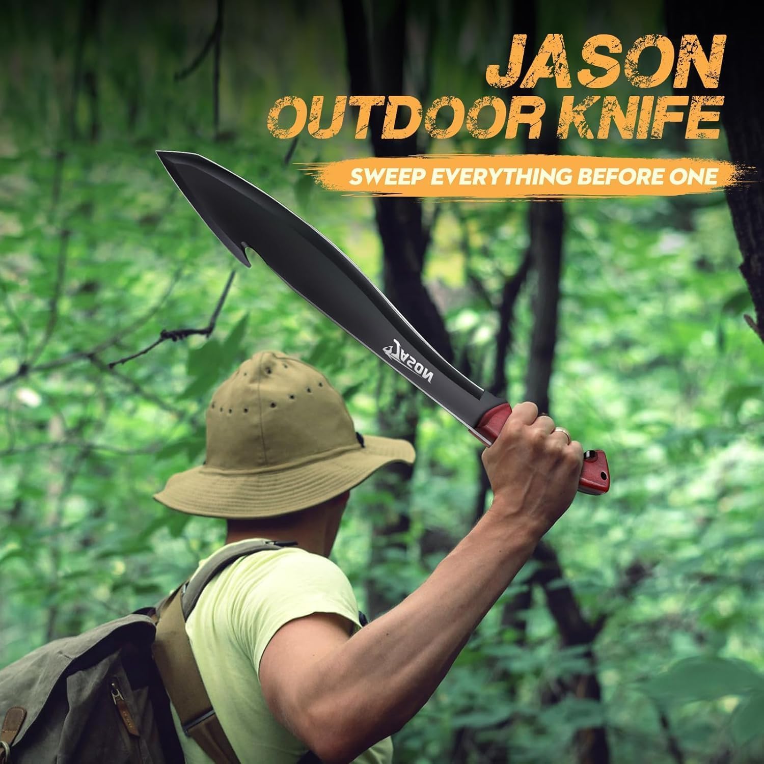 JASON Machete Survival Großes Outdoor Messer Feststehend mit Holzgriff Bushmesser Jagdmesser mit PU Scheide Großes Bushcraft Messer für Outdoor Aktivitäten