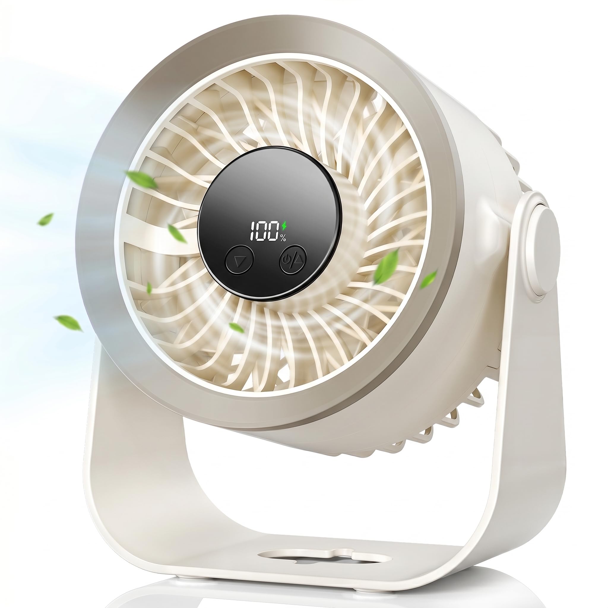 Fashioz USB Desk Fan, Desktop Fan with LED Display & 5 Speeds Adjustable, 180° Rotatable Angle Table Fan Quiet, Hangable Mini Desk Fan for Bedroom, Office, Home, Kitchen (beigewhite)