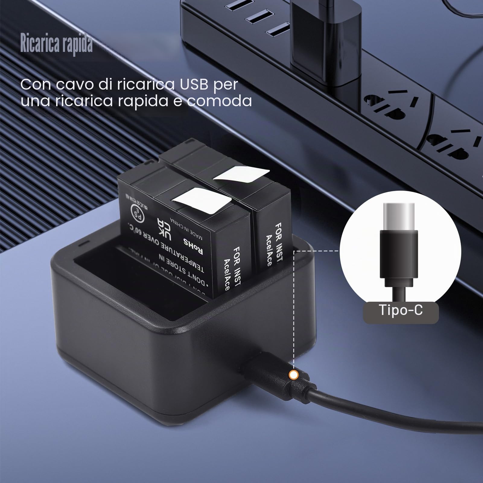 Andoer KIT Batteria E CARICATORE COMPATIBILE CON FOTOCAMERE Insta360 Ace/Ace Pro, COMPRENDE Caricabatteria con TRE slot + 3 batterie da 1800mAh + 3 scatole di immagazzinaggio