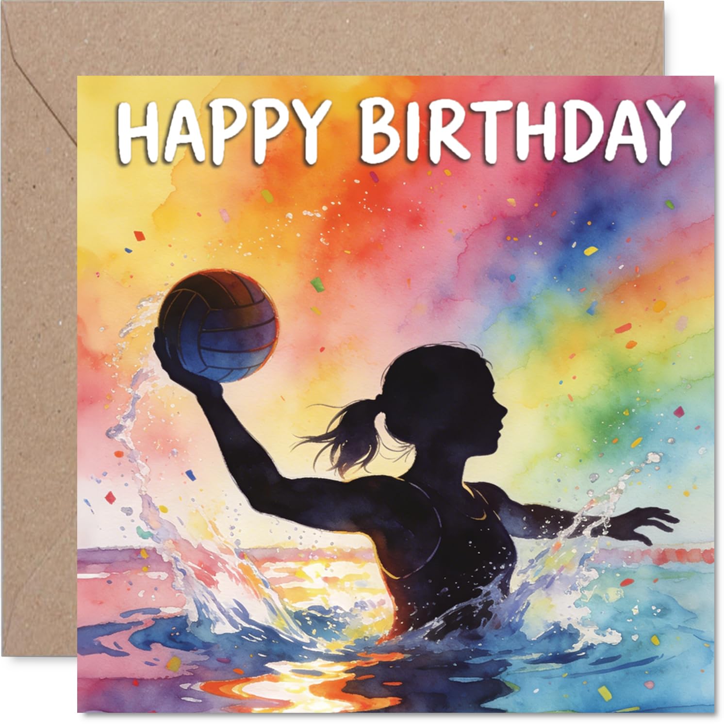 Playful Birthday Card - Splash of Birthday Fun - Vibrant Water Sports Silhouette in Joyful Watercolour - Perfect for Energetic Celebrations - 145mm Square, Envelope Included