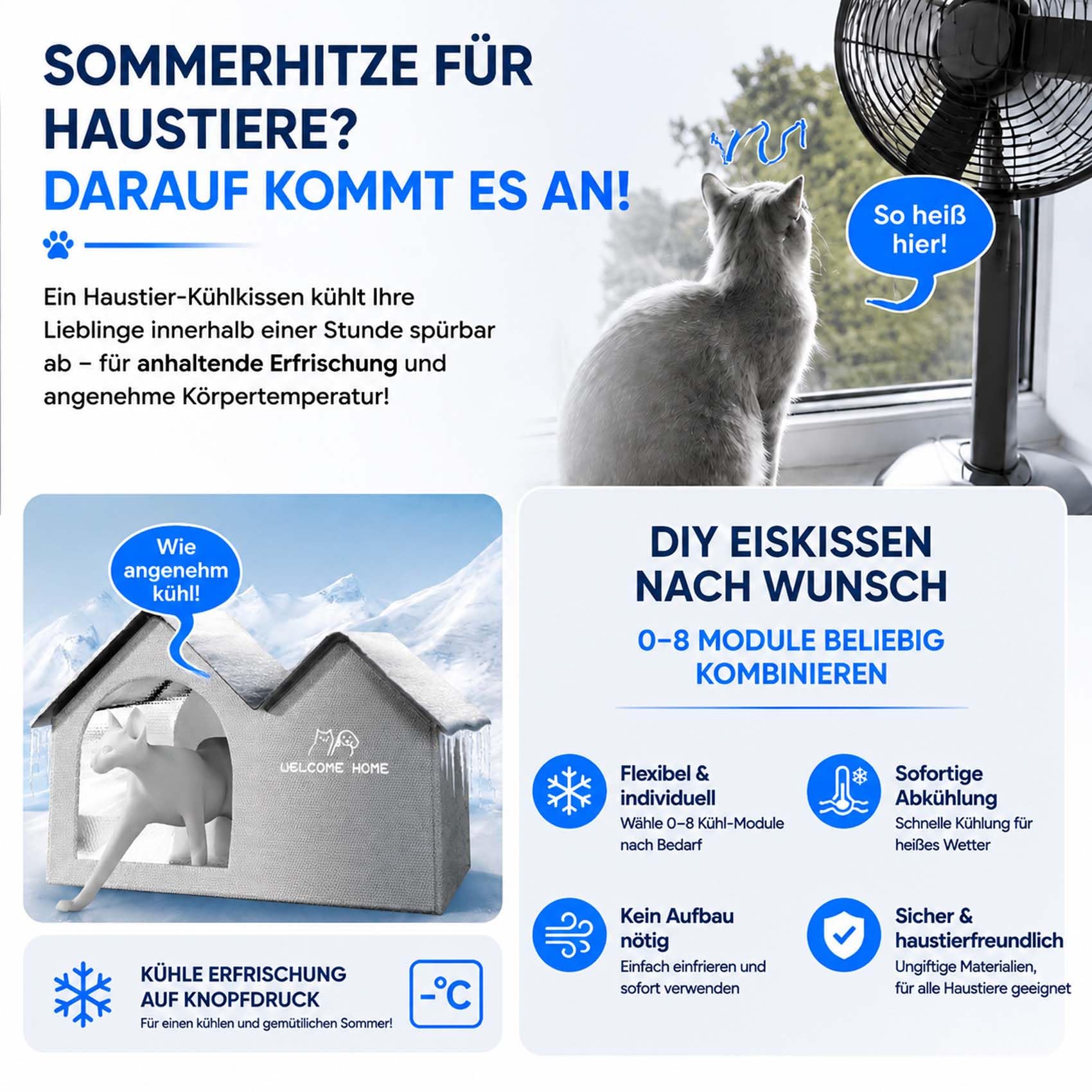 Katzen KüHlhaus, KüHlhaus für Katzen mit 10 KüHlakkus, BelüFtet, Leicht zu Reinigen, Stabil & Tragbar, FüR Innen, AußEn, Balkon, Terrasse, Camping, Auch für Kleine Hunde Geeignet (Kuppel,Groß)