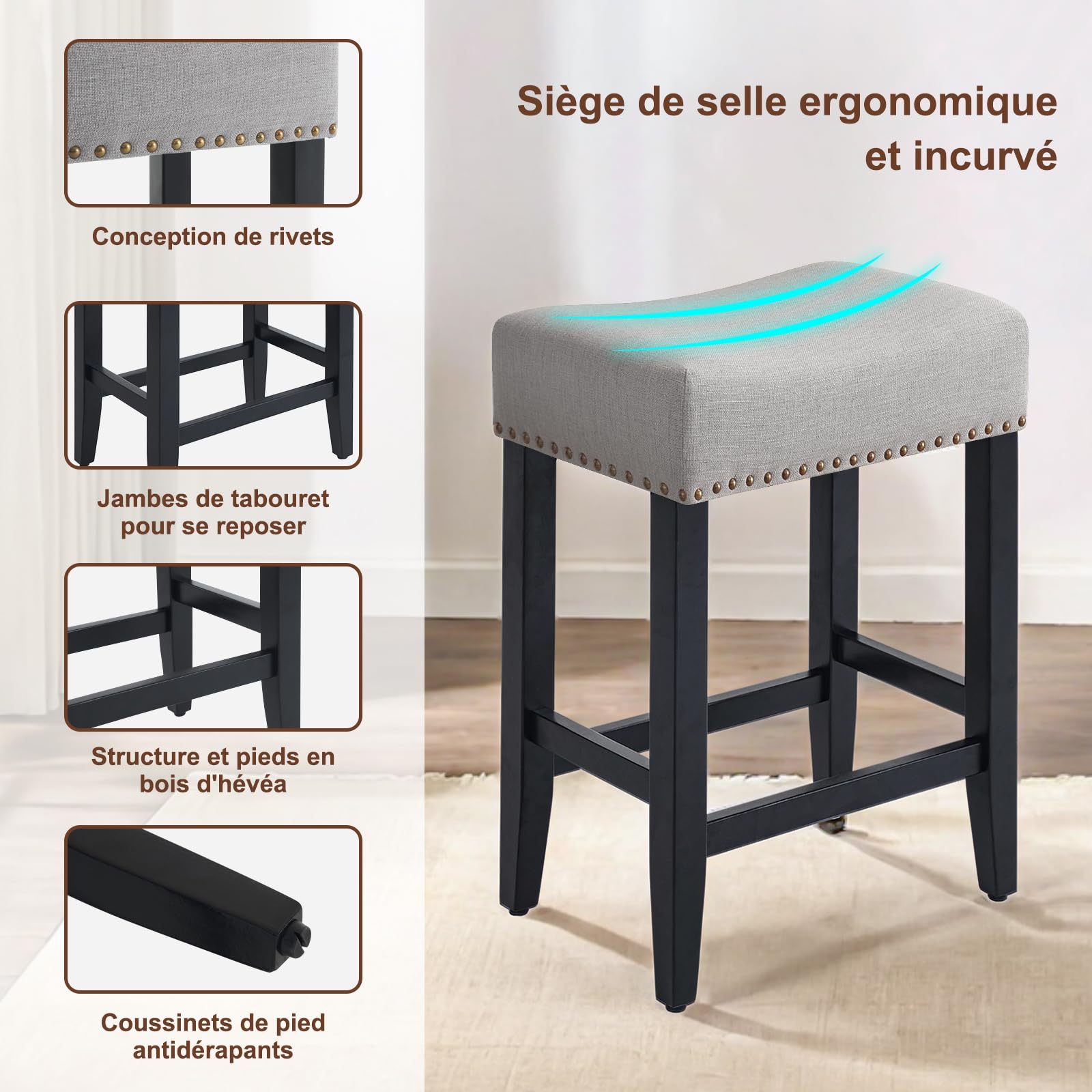Set di 2 Sgabelli da Bar, Sgabelli da Bar ad Altezza Bancone Sgabello da Sella Alto da 65.5cm, Sedia Trucco Cucina in Lino, Poggiapiedi per Sala da Pranzo, Cucina ad Isola, Caffetteria, Grigio