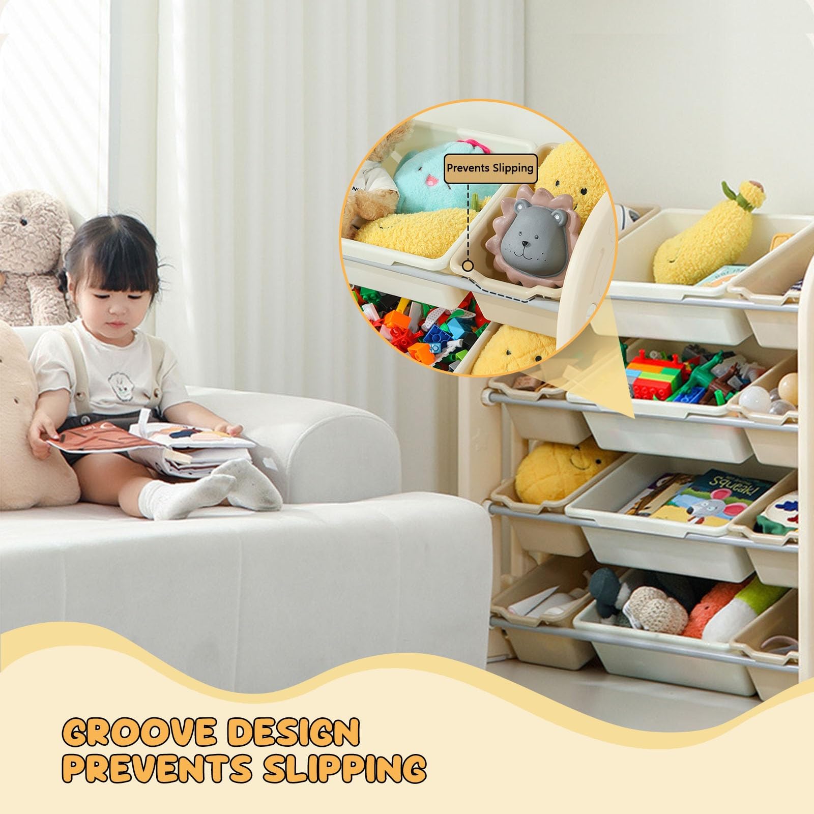 Scaffale Portaoggetti per Giocattoli con Contenitori Rimovibili e Ripiani Scaffale per Giocattoli per Camera da Letto, Cameretta o Sala Giochi Montessori(Beige,40.5 * 13.8 * 33in)