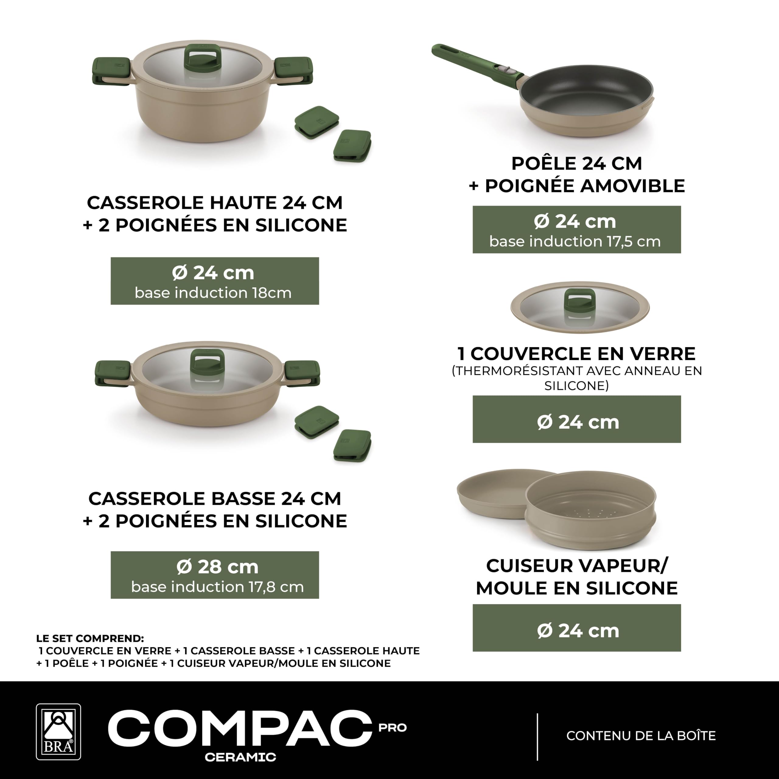 BRA Compac Pro Ceramic | Batterie de cuisine empilable 5 pièces | Tous Feux Dont Induction, Revêtement Antiadhésif Céramique