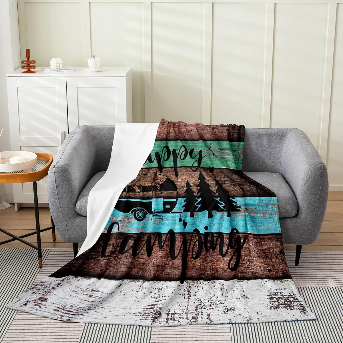 Camper Travel Trailers Bed Blanket,White Brown Vintage Wood Barn Flannel Blanket for Room Decor,Country Style Fleece Blanket for Kids Adults,Super Soft,Twin 60