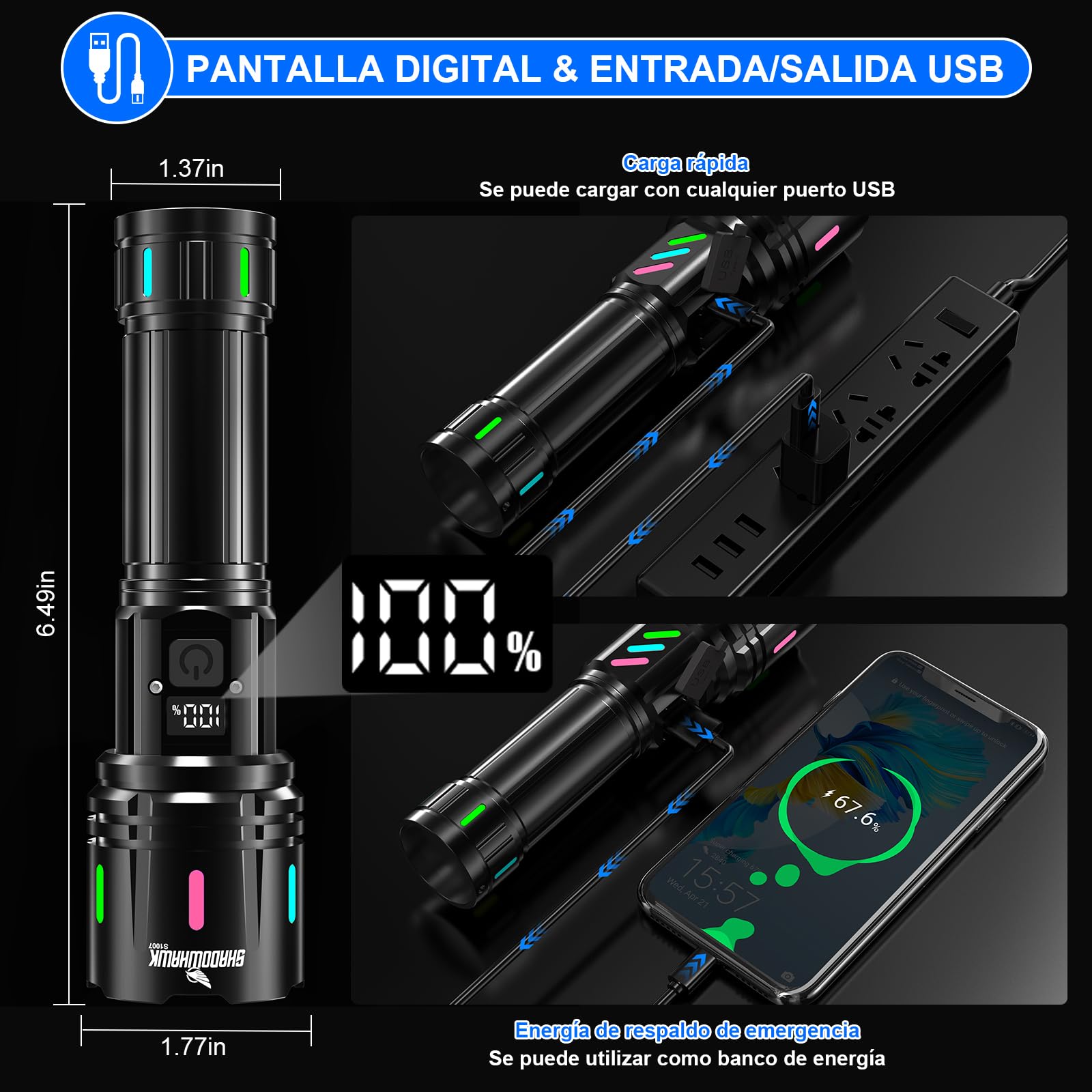 Shadowhawk Linterna LED Alta Potencia 1,000,000 Lúmenes - Militar Linternas Recargable, 12H Iluminación y 3 Pilas AAA, Flashlight Para Camping/Emergencias/Regalo, Pantalla LCD & Banda Fluorescente