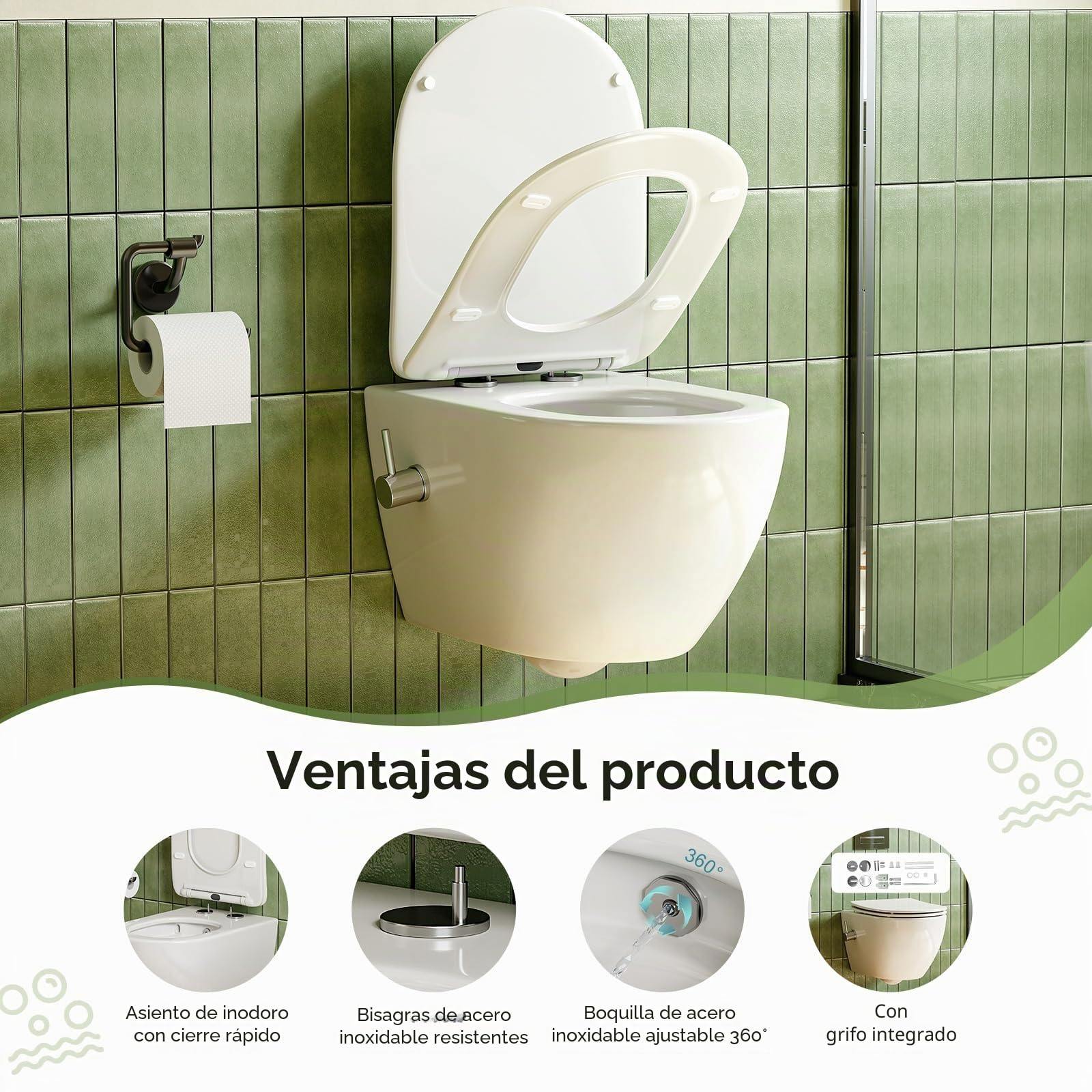 Inodoro de ducha con boquilla integrada, inodoro colgante con función de bidé, inodoro Taharet con nanorevestimiento, inodoro con ducha con grifo, asiento de inodoro con cierre automático, 53×36×35 cm