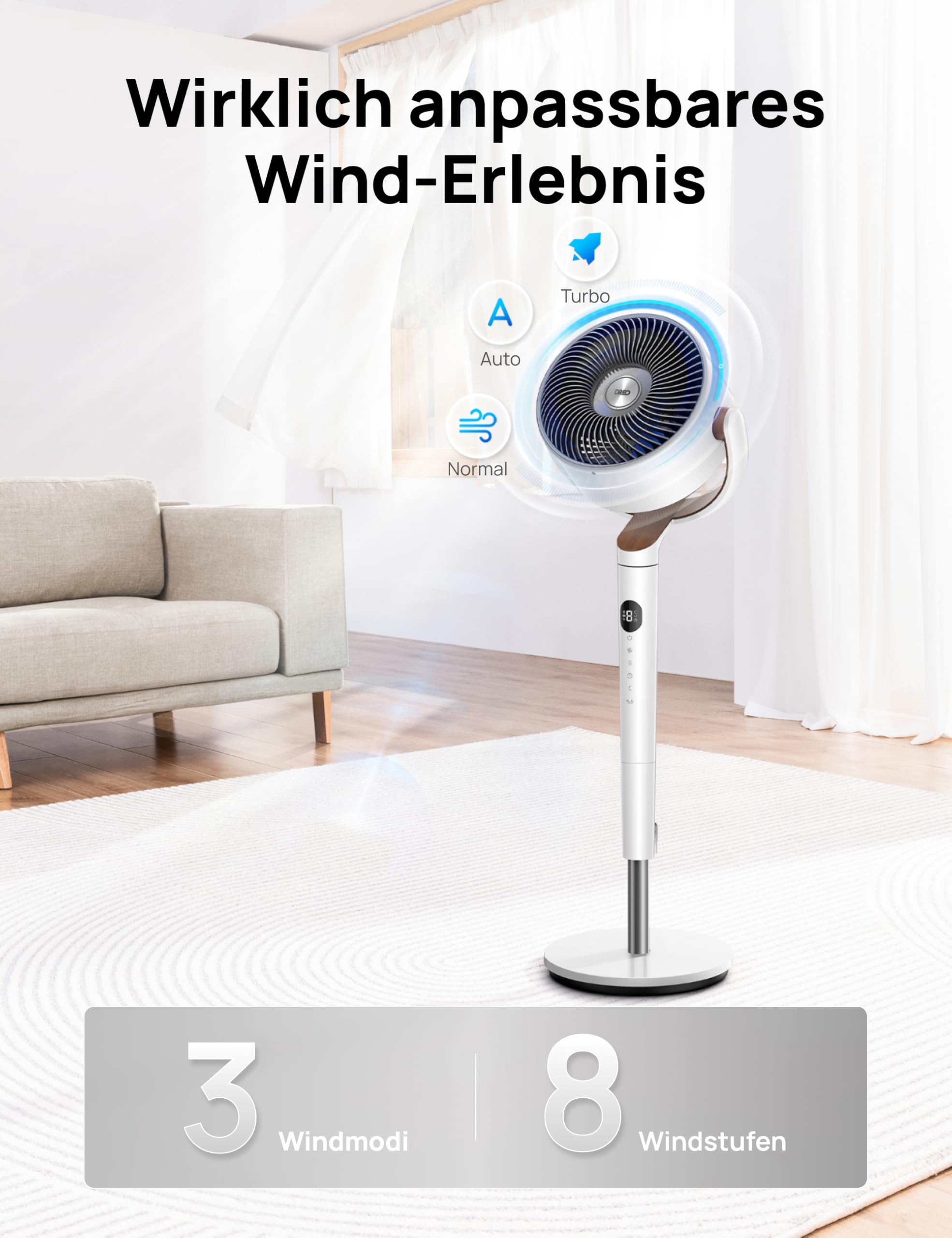 DREO 23dB leiser Standventilator, 120°+120° Omni-direktionale oszillierende Ventilator, 27M Windentfernung, 1615 m³/h Luftvolumen Echt Turbo-Luftzirkulator Fans, 89-102cm Höhe 3 Modi 8-Geschwindigkeit