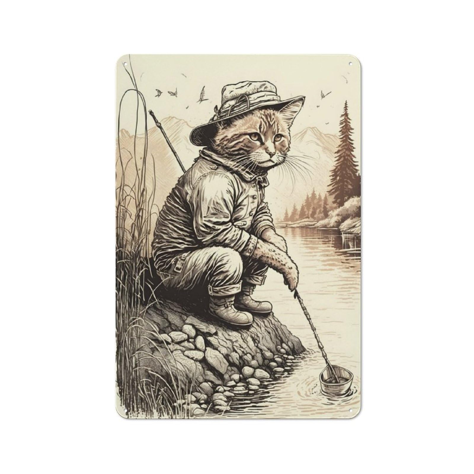 Fisherman Cat in A Lake Retro Metal Sign 30x20cm for Garden Room Or Summerhouse, A Decorative Metal Sign for Garden Rooms And Summerhouses