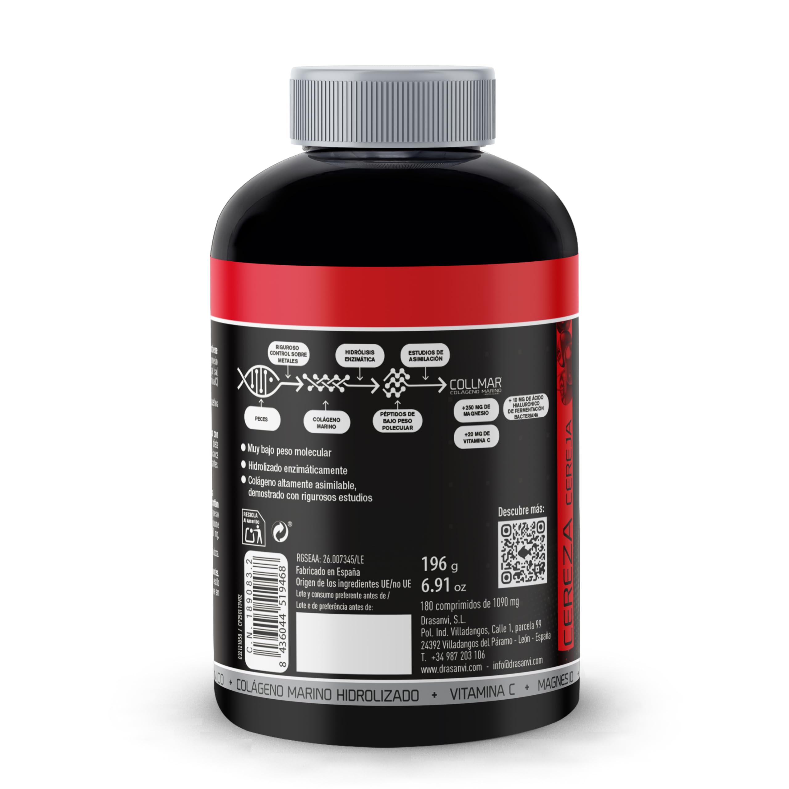 DRASANVI COLLMAR COMPRIMIDOS MASTICABLES - COLÁGENO Marino Hidrolizado + Magnesio + Ácido hialurónico - Sabor CEREZA - 180 comprimidos
