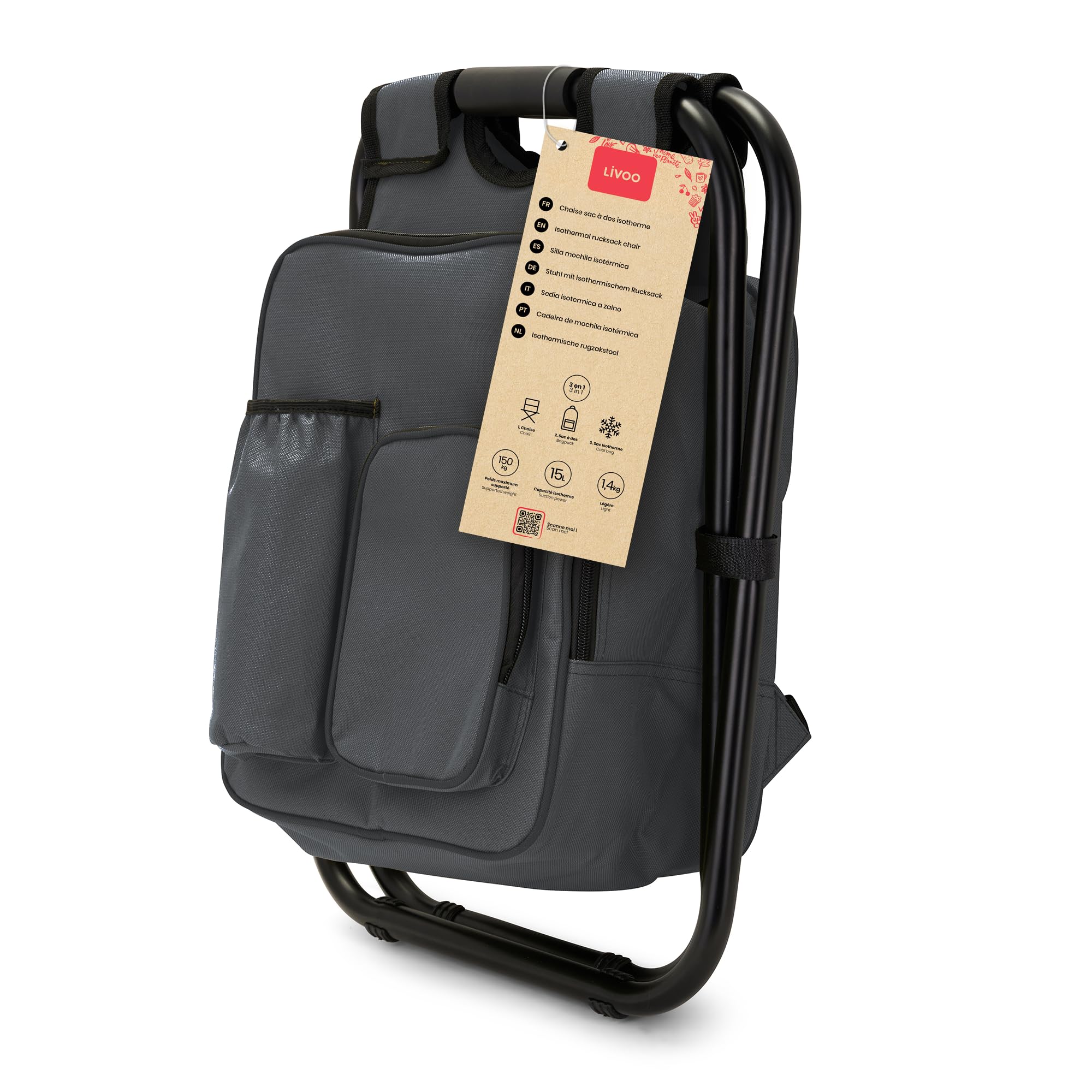 Livoo – Chaise Sac à Dos Isotherme SEP140G – 3 en 1, 15L, Jusqu’à 150 kg, 600D, Gris