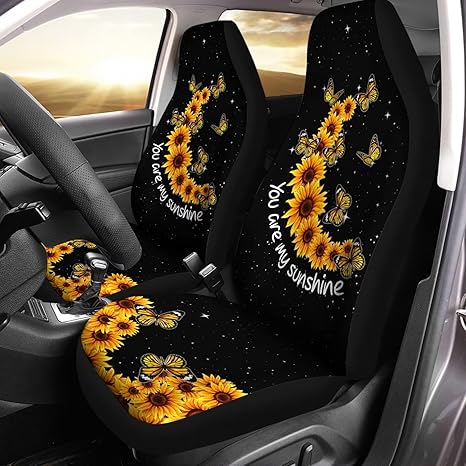 Sunflower Butterfly You are My Sunshine Car Front Seat Covers Full Set of 2 Waterproof Automotive Interior Decor Universal Fit Most Vehicles