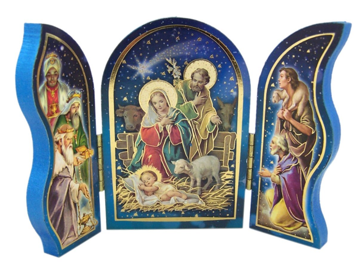 Natural Wood Triptych with Holy Family and Shepherd Nativity Scene, 3 1/2 Inch