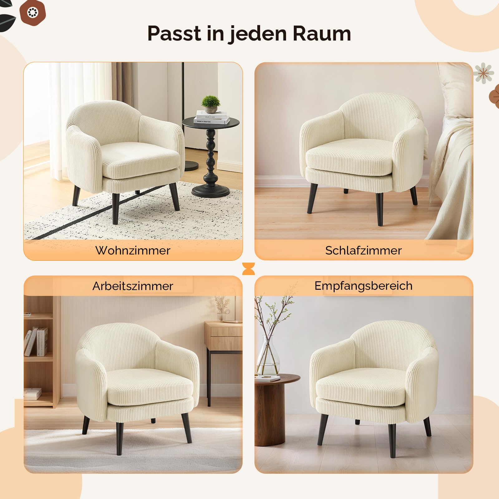 Bonnlo Sessel, Gepolsterter Cocktailsessel, Lesesessel, Clubsessel, Moderner Loungesessel für Wohnzimmer, Schlafzimmer, Büro oder Wartebereich, belastbar bis 113 kg, Feincord, Beige