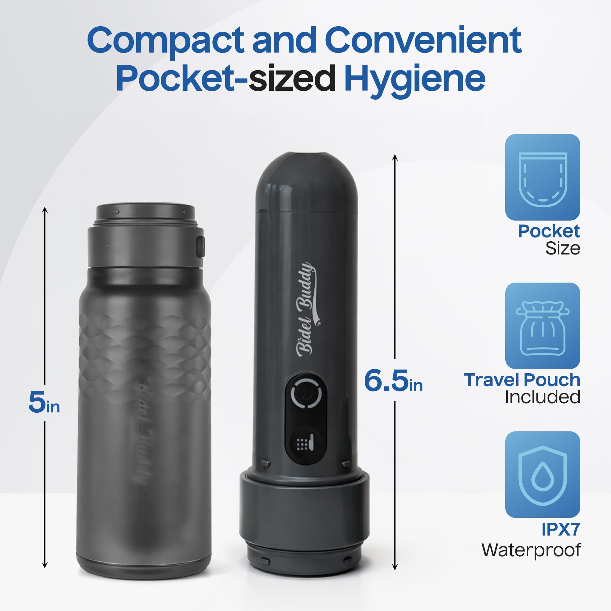 BIDET BUDDY GoFlow - Bidet portatile da viaggio | 280 ml/min di flusso | batteria da 800 mAh | bottiglia da 320 ml | IPX7 impermeabile | ricarica USB-C | tasca e flessibile con pressione media (grigio
