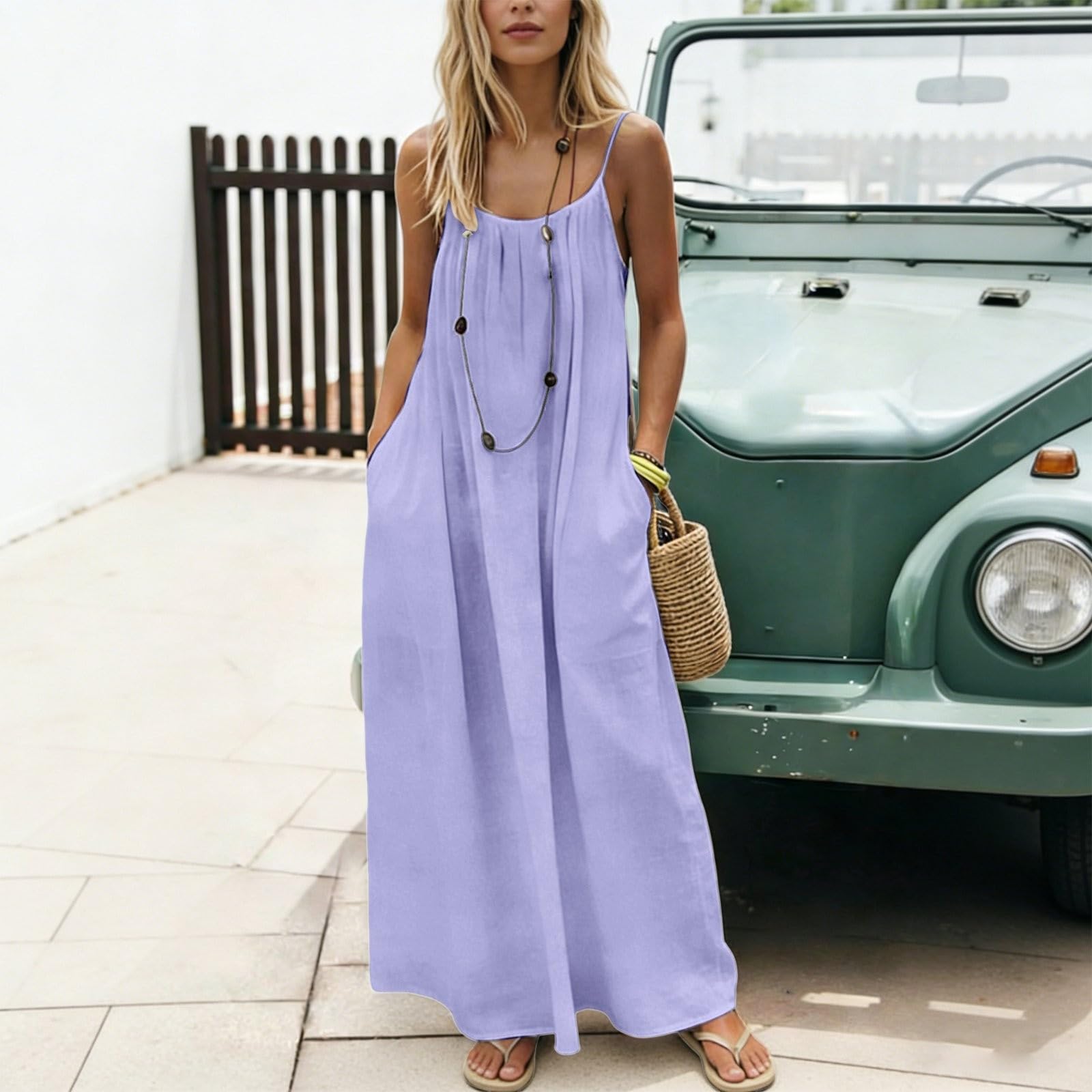 Moda Playa Mujer Vestido Largo con Bolsillos Sin Mangas Espalda Descubierta | Tirantes finos, de color liso, maxi vestido de verano para playa, vacaciones, cómodo vestido de verano