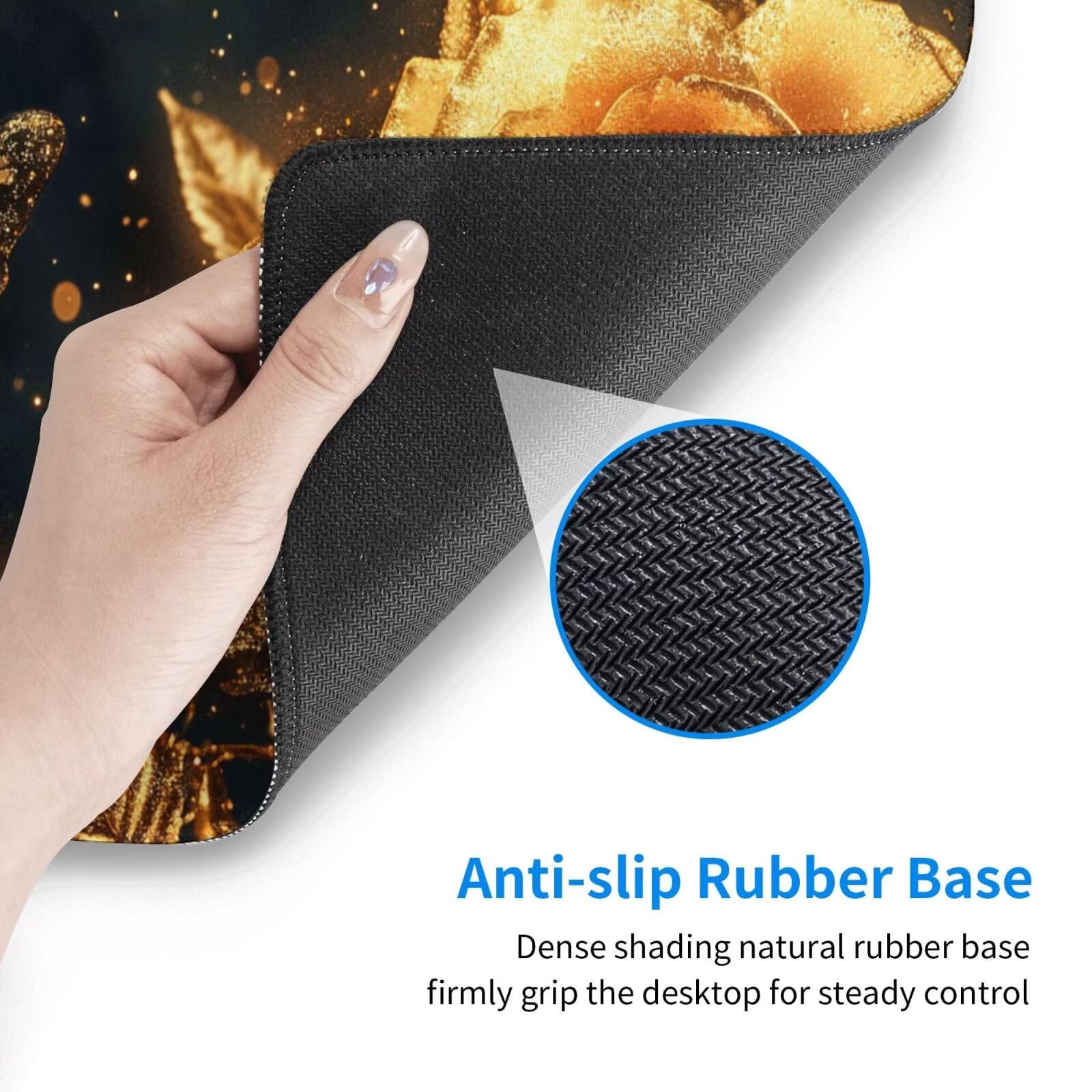 Gaming Mauspad XXL 1200 x 600 x 3mm Mousepad Verlängertes Groß Mauspad Schreibtischauflage,Genähte Kanten rutschfeste Gummibasis,Verbessert Präzision Geschwindigkeit Home Office Goldener Rosen L-2904