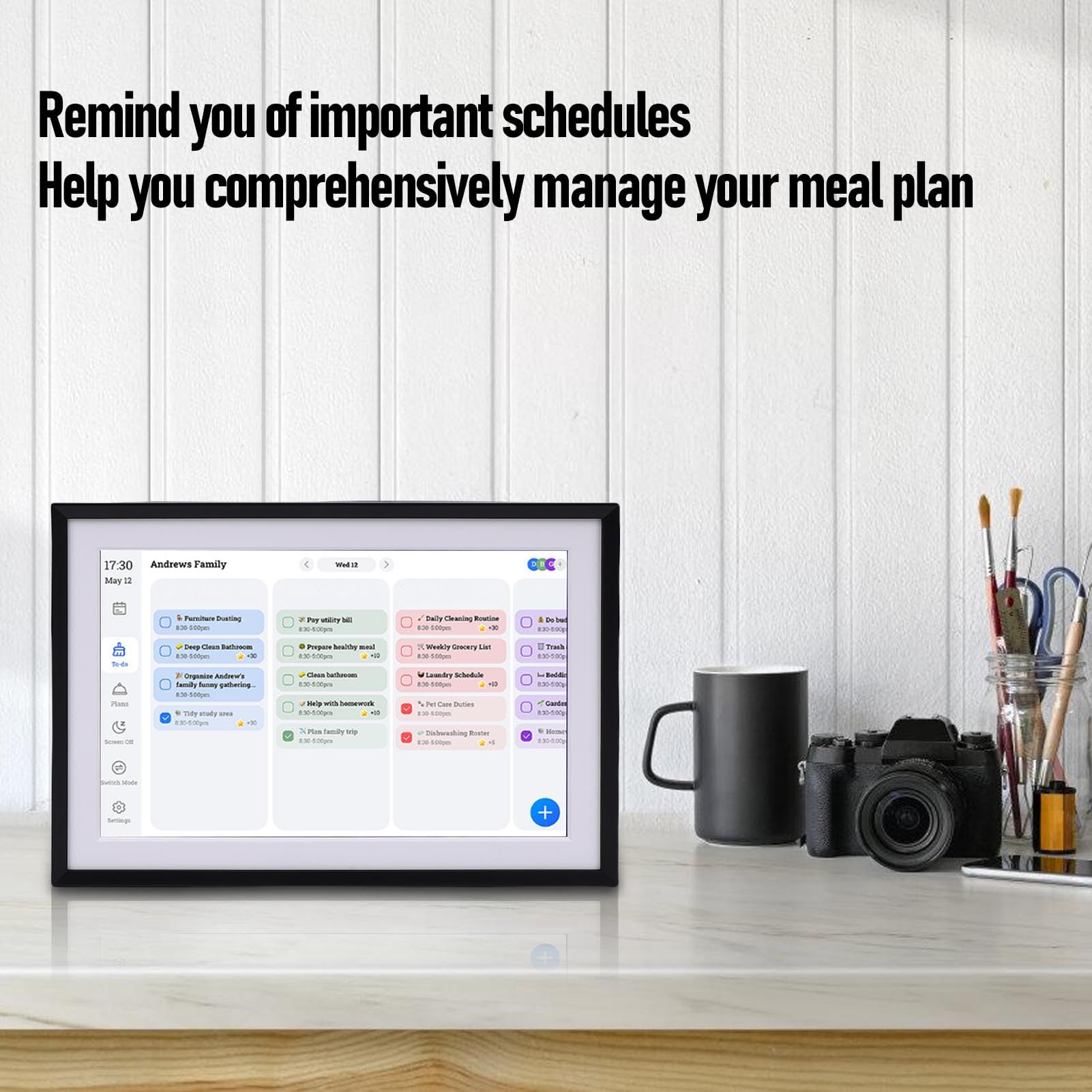 Yanmis 10.1In Smart Digital Calendar & Chore Chart, Smart Touchscreen Interactive Display, WiFi Wall Planner voor Familieschema's en Cloudfoto (EU Plug