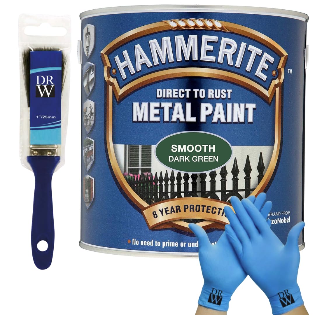 DRW Hammerite Direct to Rust Metal Paint Smooth Dark Green 250ml 1" Paint Brush & Free Nitrile Gloves | Durable Anti-Rust Protection for Indoor & Outdoor Metal