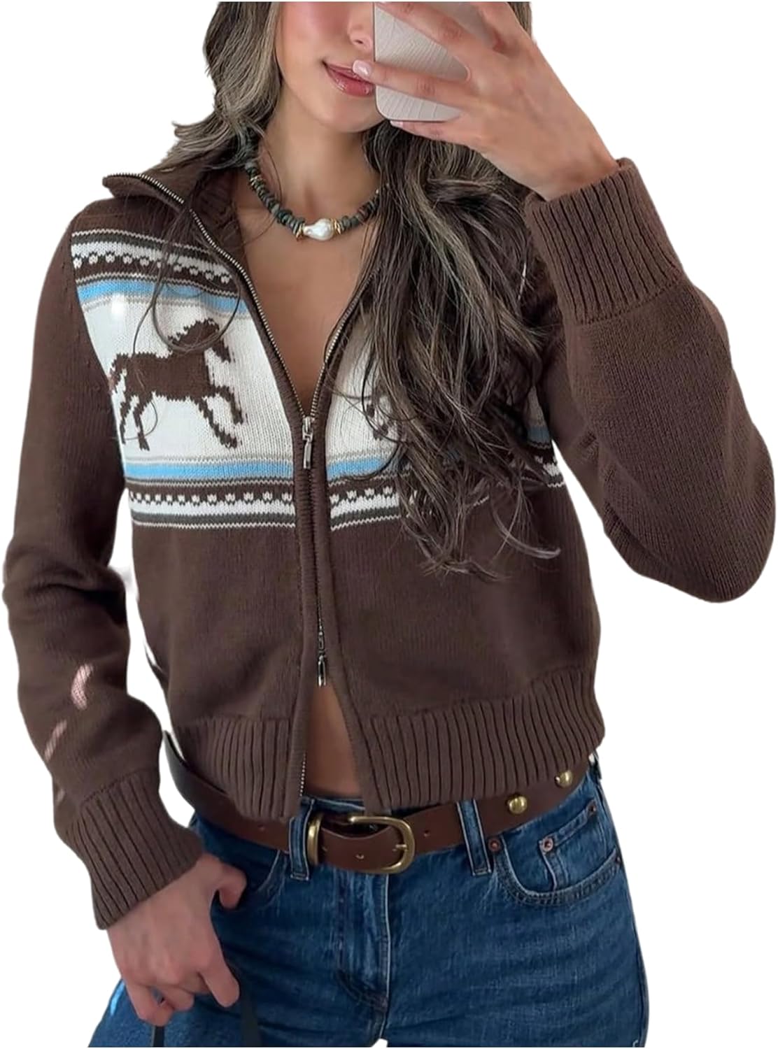Verdusa Women's Western Zip Up Cardigan Graphic Collared Knit Tops Lightweight Sweaters Rodeo Outfits