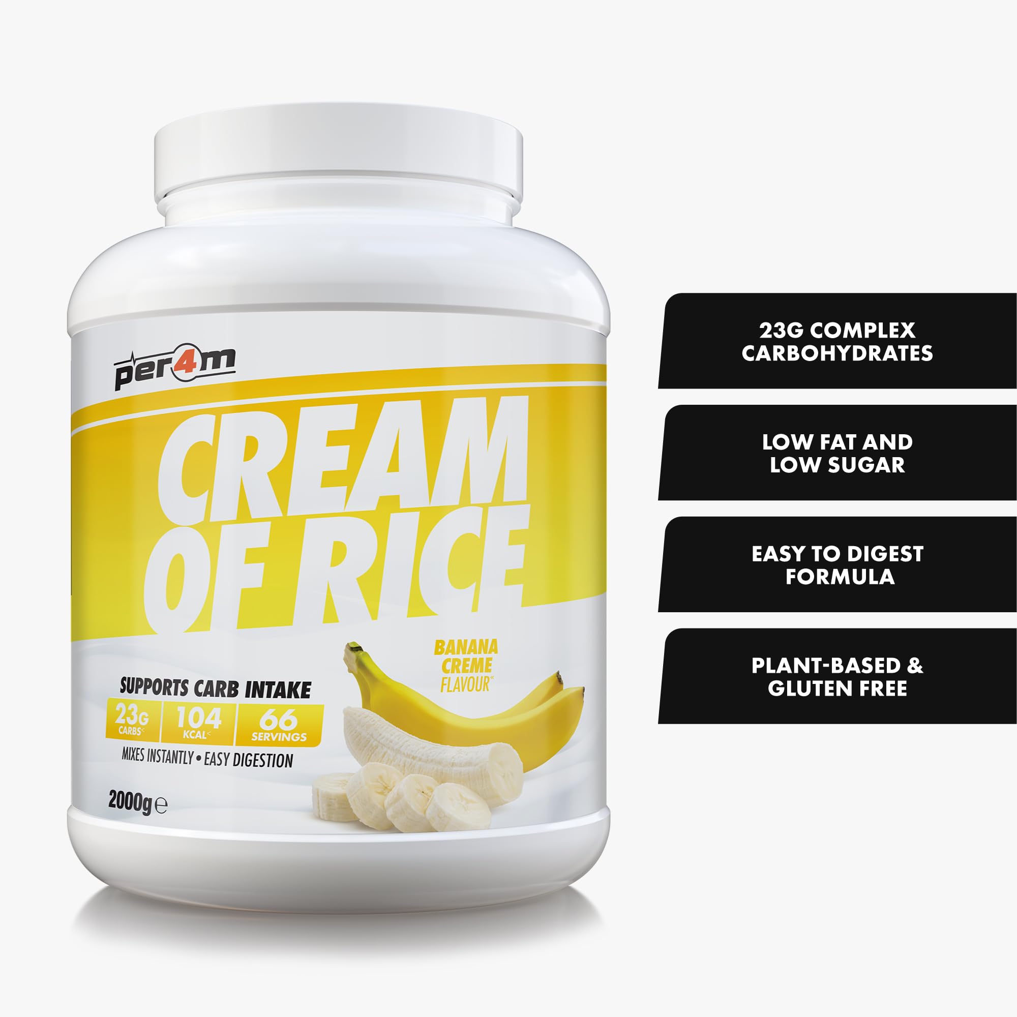 Per4m Cream of Rice, Farina di Riso Senza Glutine e Digeribile, Carboidrati Rapidi per Energia e Recupero, Facile da Preparare, Pasto Pre e Post Allenamento per Sportivi – Banana Creme – 2kg