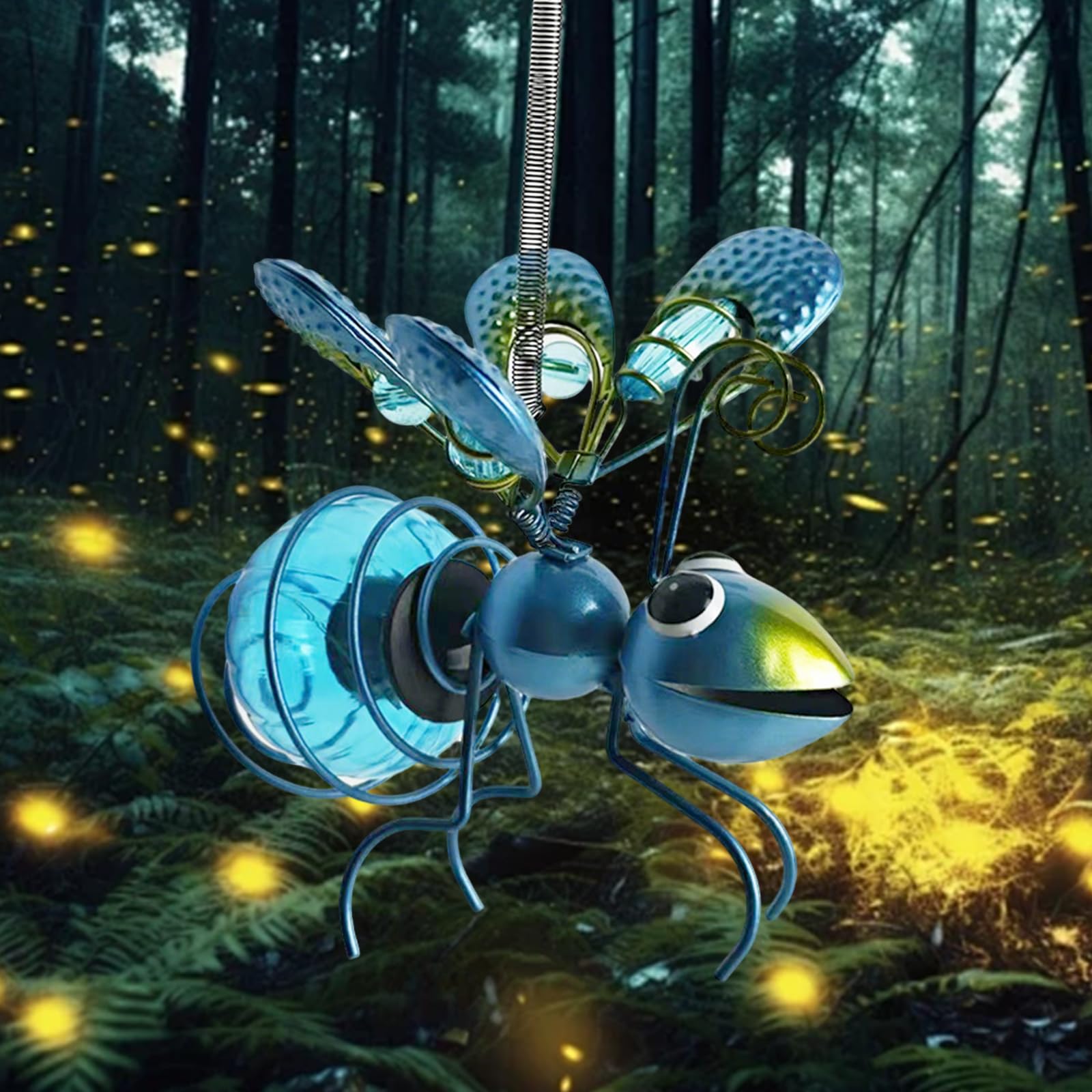 Bee Solar Lights Outdoor Garden Hanging Solar Powered Bee Light with Spring Sway, Waterproof Insect Lantern Decor, Novelty Bee Solar Lanterns for Outside, Garden, Auto On/Off (Blue)