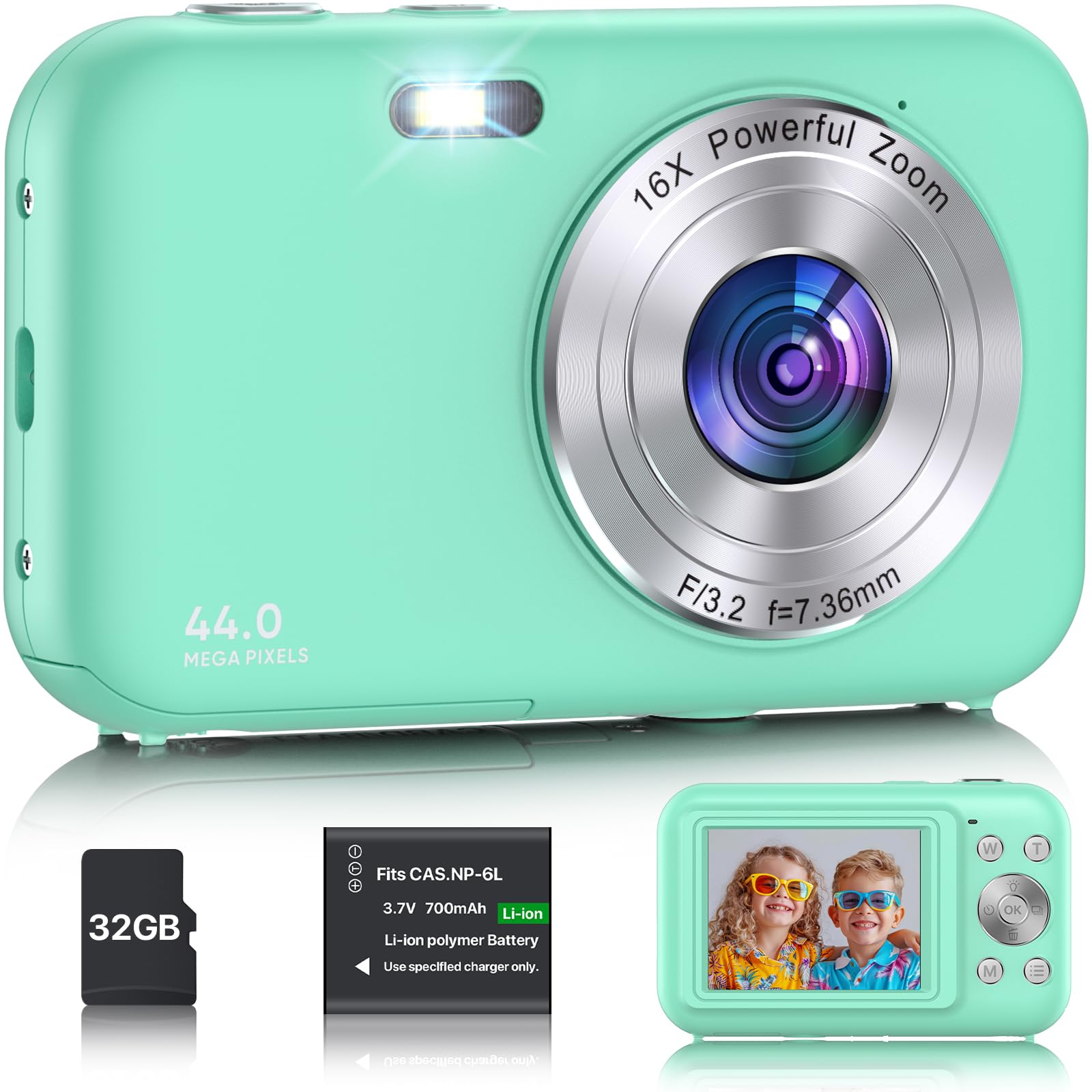 Macchina Fotografica Digitale con scheda da 32GB, 1080P 44MP Fotocamera Digitale Compatta con Zoom Digitale 16X Flash e Batterie, Ricaricabile Fotocamera per Bambini, Adulti, Principianti (Verde)