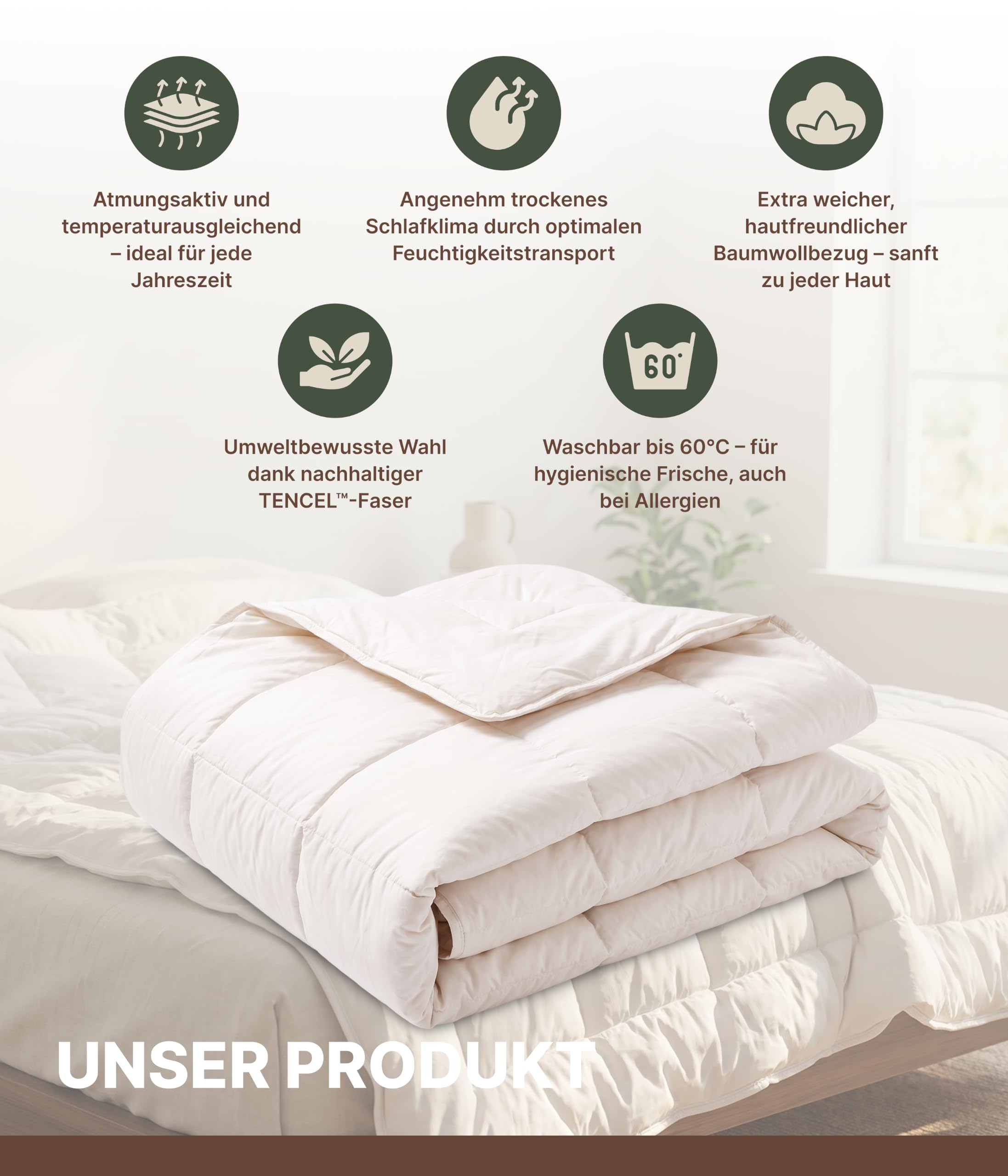 Bettdecke Weiß (135x200 cm) – Tencel Lyocell-Füllung, hypoallergen & atmungsaktiv, temperaturausgleichend, optimal für Allergiker – Ganzjahresdecke mit Karosteppung, waschbar, Made in Germany