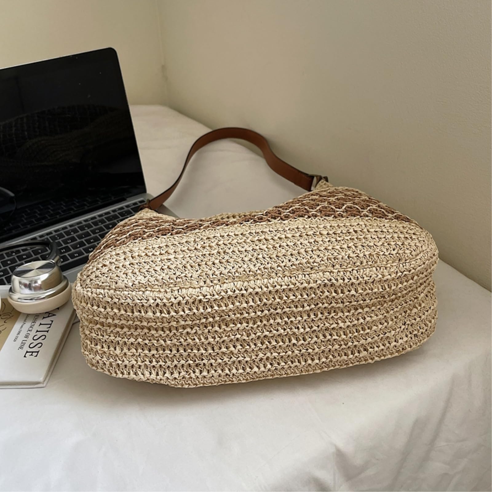Borsa di Paglia Donna Grande capacità, Tessuto A Mano Rattan, Spalla Spiaggia Estiva, Crossbody Casual da Viaggio -Khaki