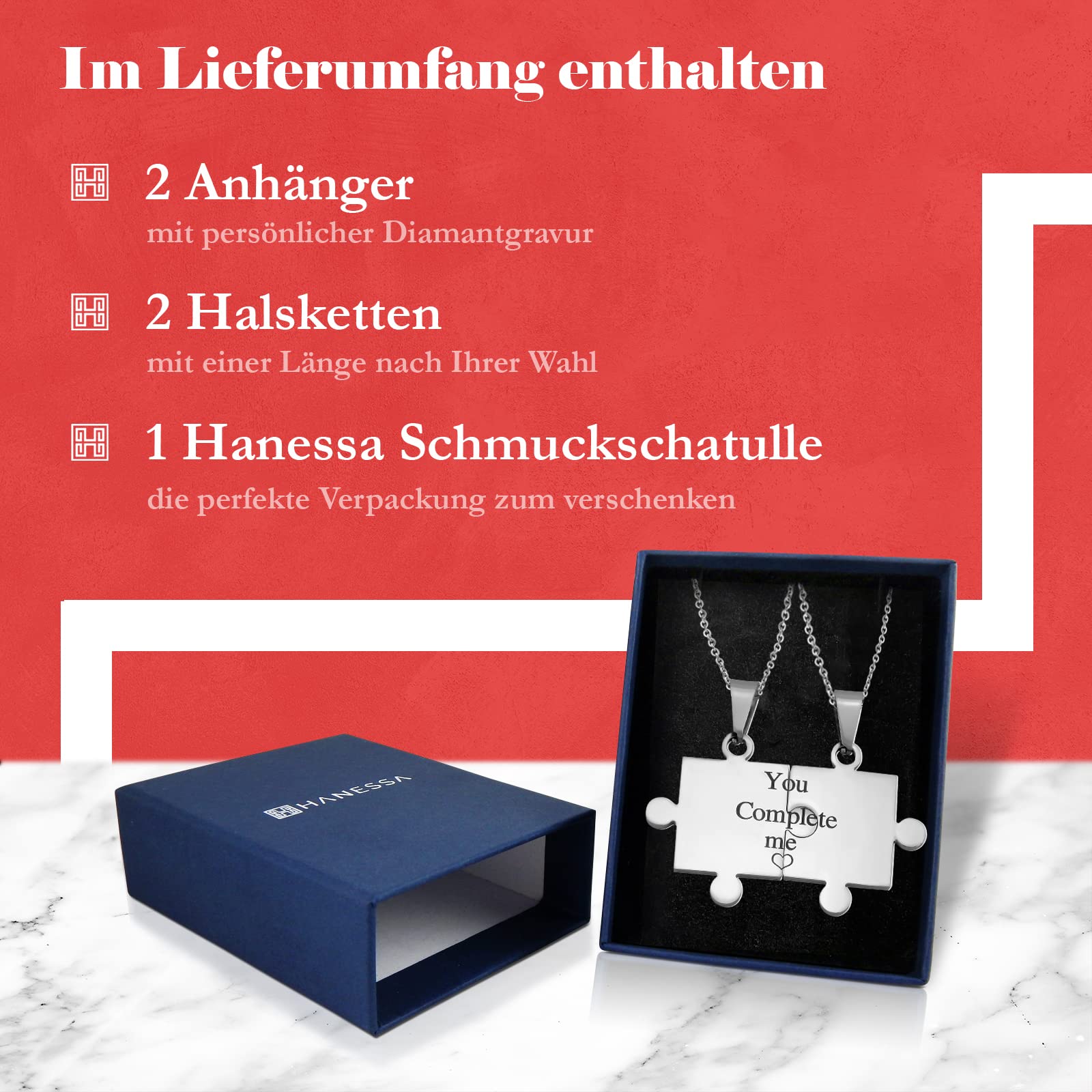 2 Stück Personalisierte Kette mit Gravur Edelstahl 50 cm mit Anhänger You complete me Puzzle Teil in silber - Personalisierte Geschenke für Damen Herren Freundin Freund - Partner Halskette