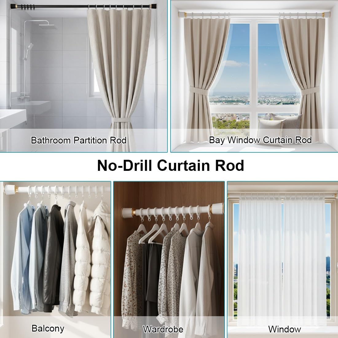 Barra de ducha extensible sin taladro, barra divisora ajustable para dormitorio, armario, puerta, ventana, 410 cm a 500 cm (blanco)
