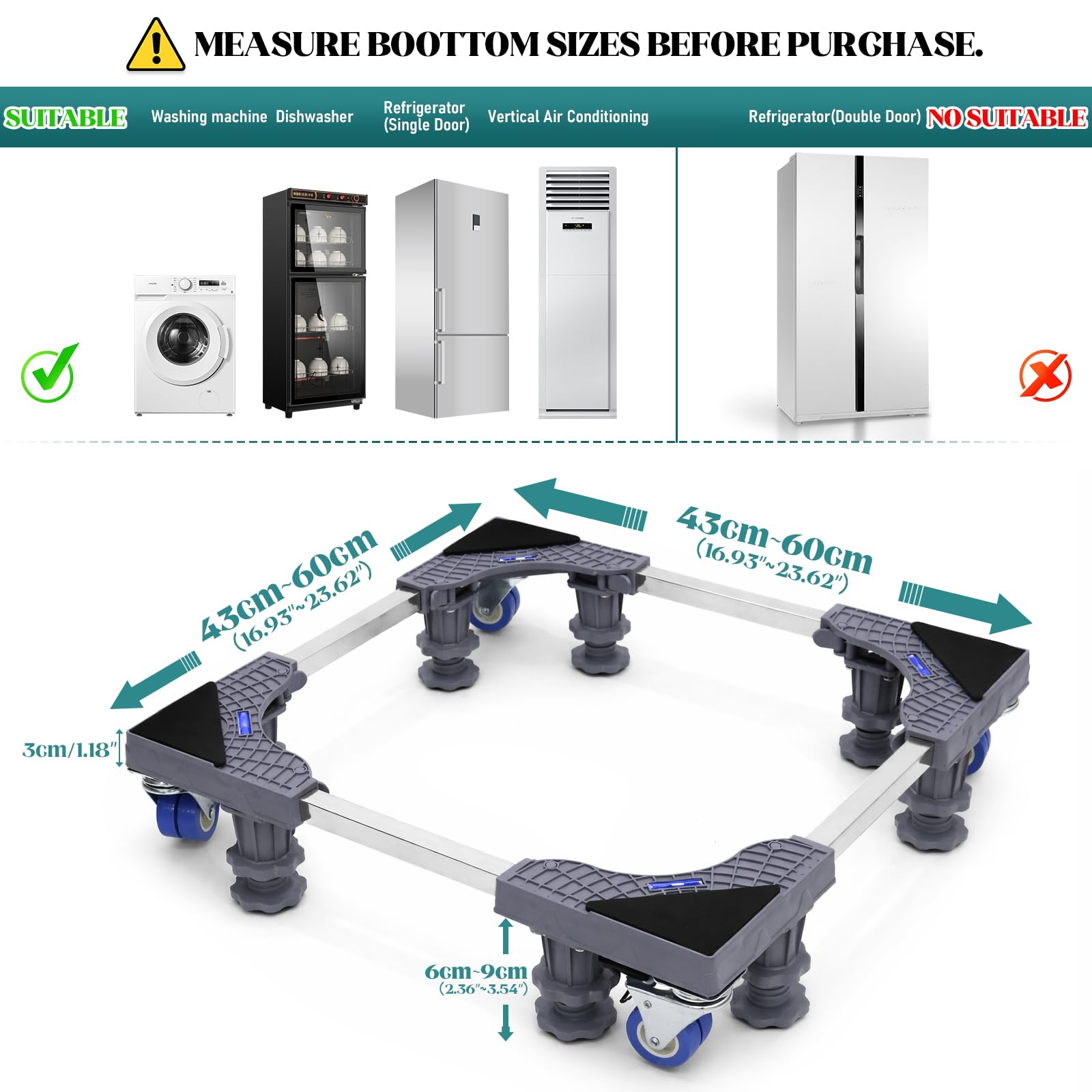 Kit de Superposition Réglable pour Lave-Linge et Sèche-Linge avec Socle Mobile, Cadre 46–72 cm, Base 43–60 cm, 4 Roulettes avec Frein, 8 Pieds Anti-Vibration, Sangle à Cliquet 6 m
