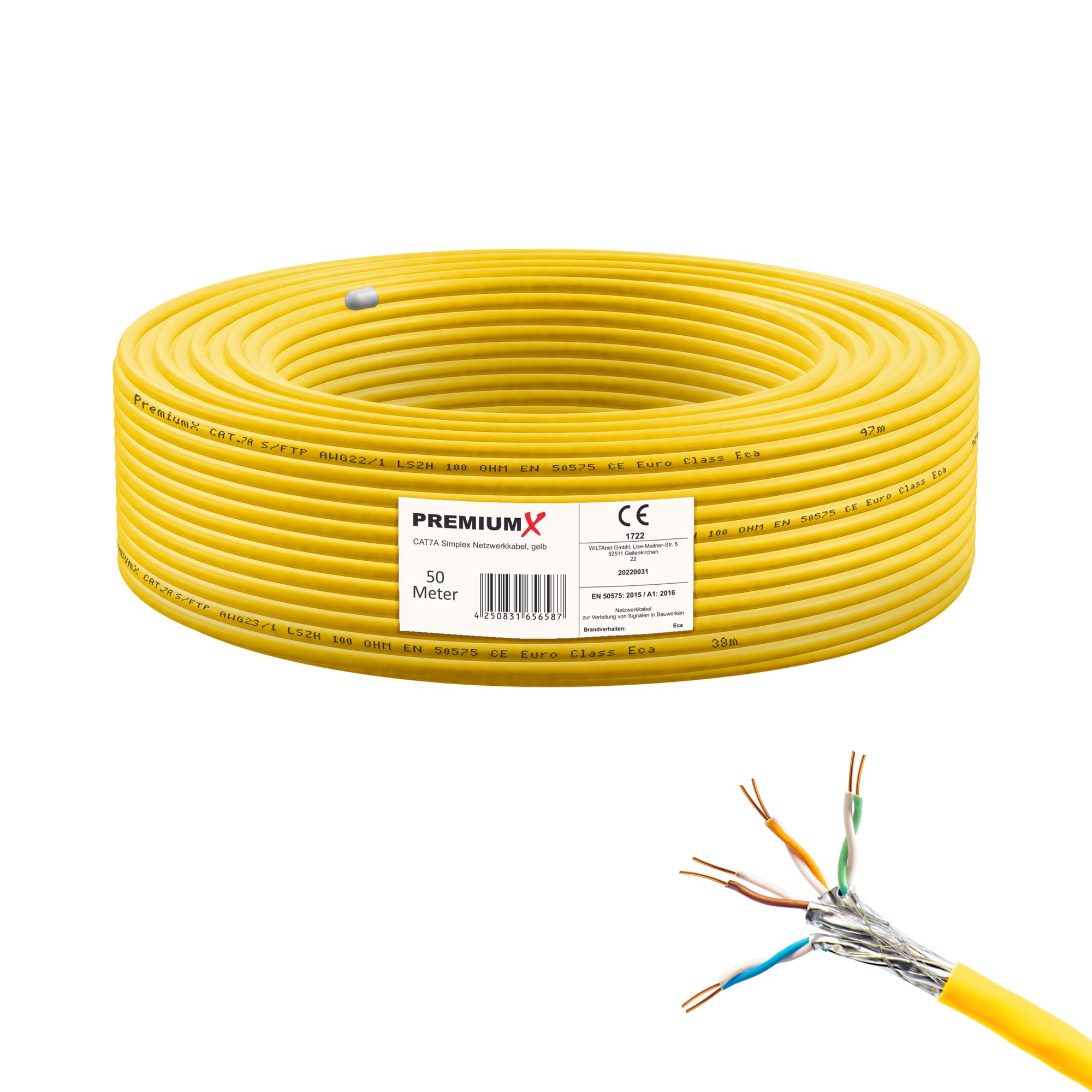 Premium X CAT 7A Cavo di rete 50m - Cavo Ethernet CAT7A Rame Puro - Schermato S/FTP - Cavo dati LAN Gigabit 1200 MHz 4x2xAWG23 PIMF PoE 10Gbit/s Senza alogenuri - Cavo di installazione - 50 metri