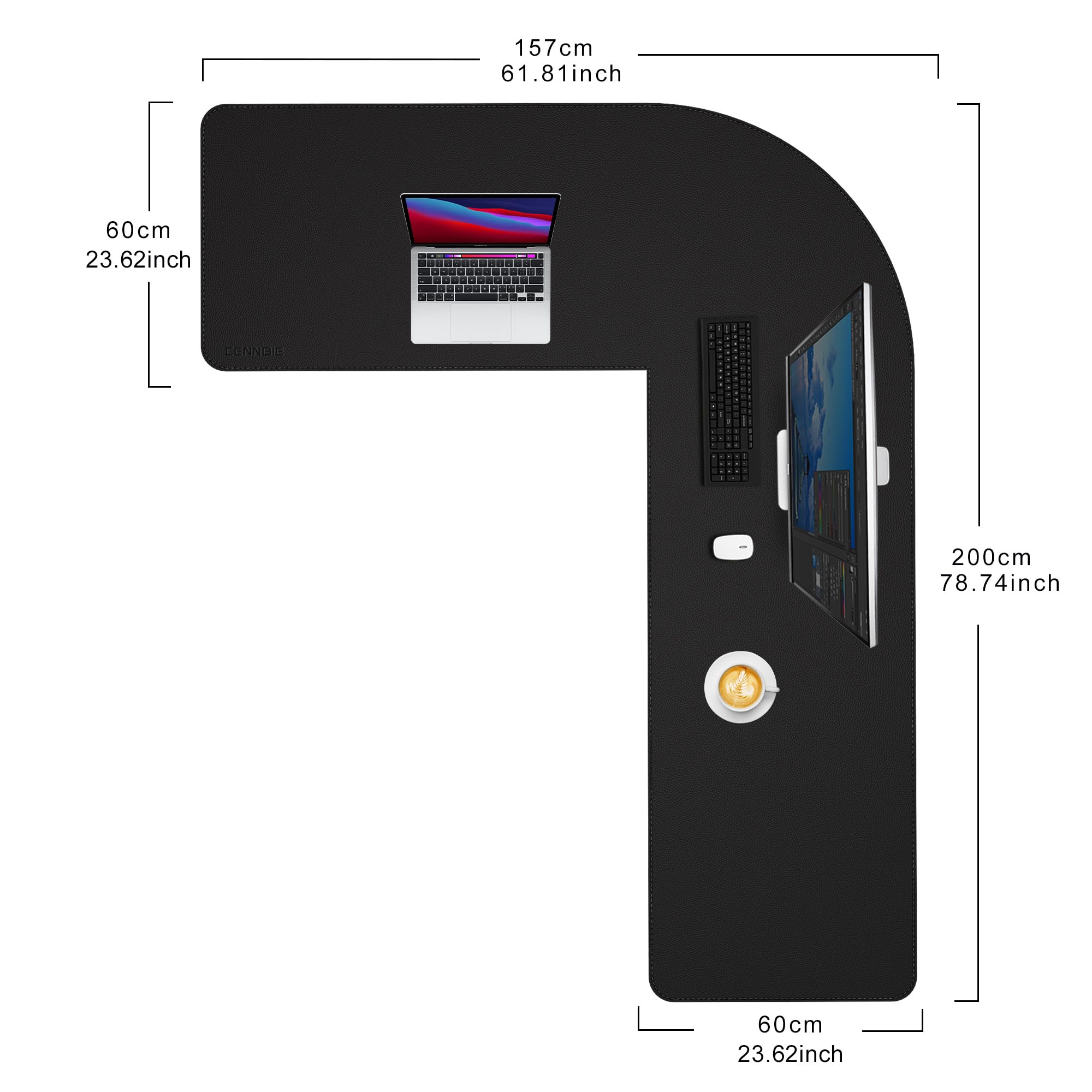 CENNBIE Sottomano doppio a forma di L, in pelle, (157 + 200) x 60 cm, colore nero