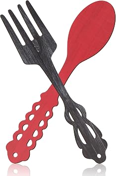 Jetec 2 Pieces Wooden Fork and Spoon Kitchen Wall Decor, Red, Heather Gray