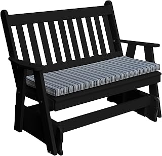 Amish-Made 5' Traditional English Style Black Poly Glider Bench with Gray Stripe Cushion