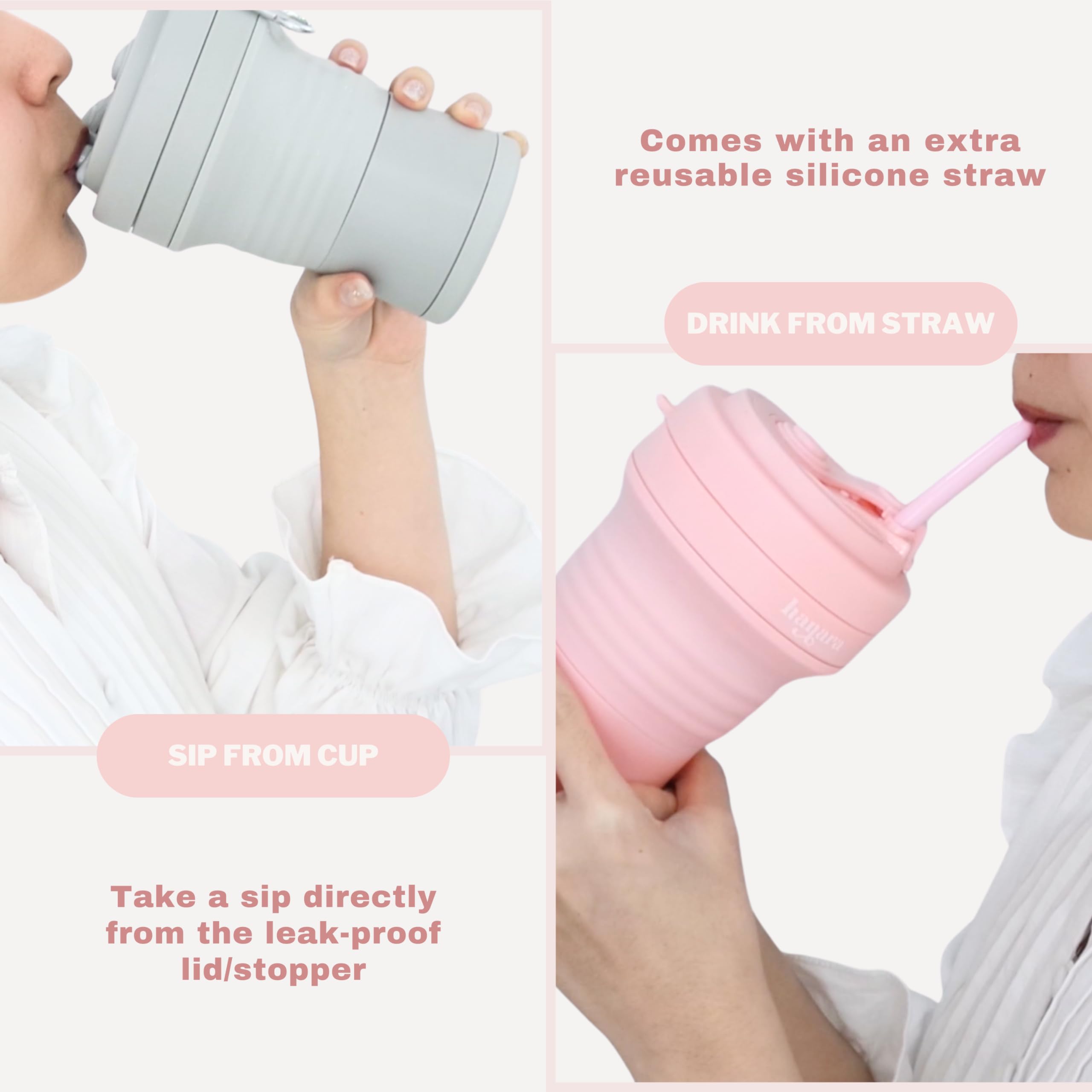 Hanara Tazas de café plegables con popote de silicona reutilizable, 550 ml, perfectas para viajes, camping, escuela, trabajo, sin BPA, a prueba de fugas, aptas para microondas y lavavajillas (rosa)