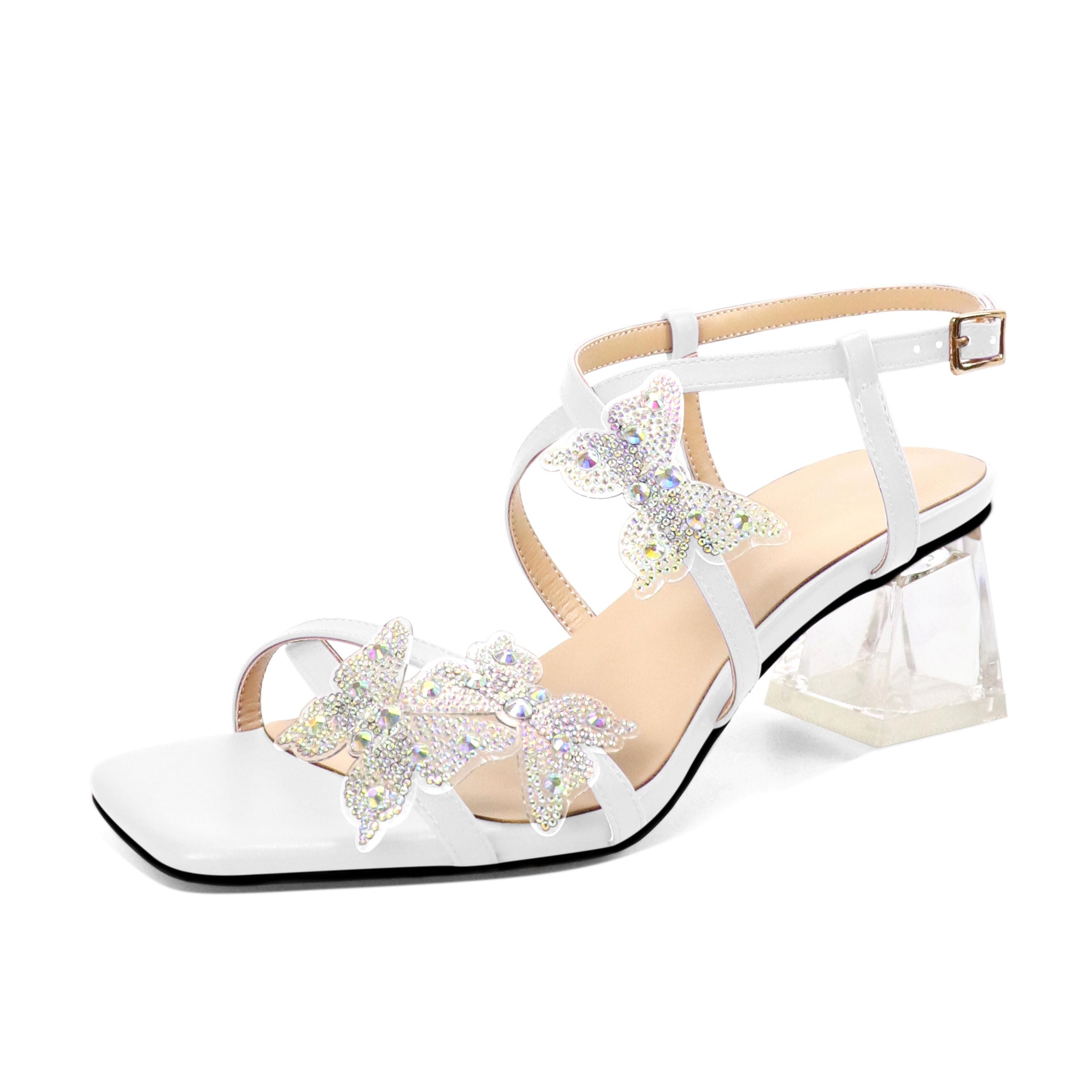 Joseywade Butterfly Heels Heeled Sandals Rhinestone Crystal Butterflies Heels Open Toe Clear low Block Heels 2 Inch Women's Ankle Strap Shoes