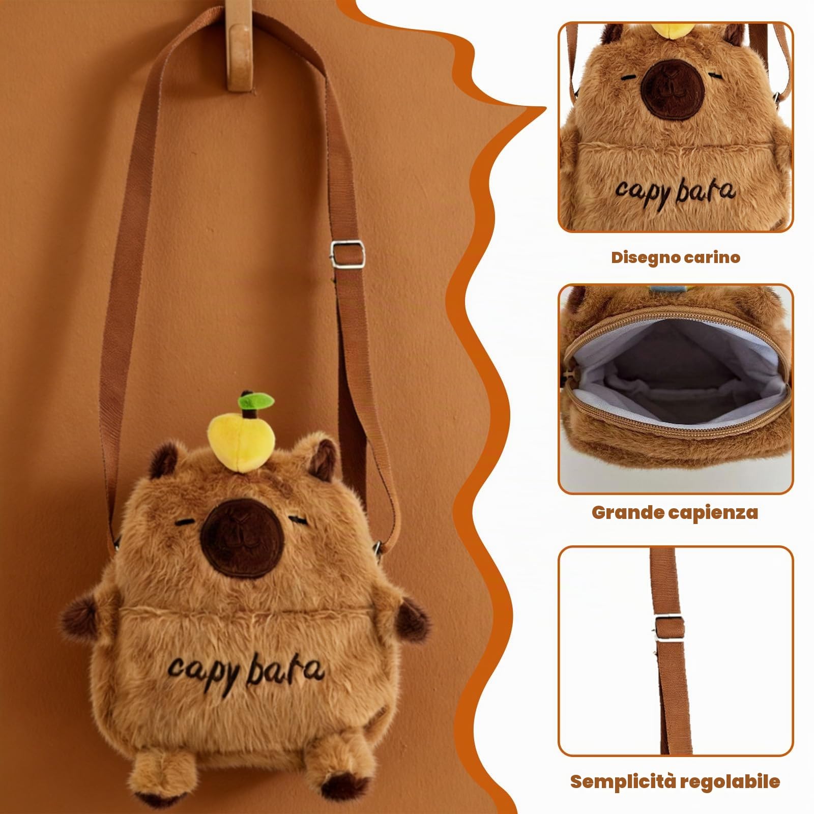 LUKIUP Set di 3 borse Capybara in peluche, con occhiali da sole, ciondolo Capybara, ideale per scuola, shopping e viaggi, portatile, per cellulare, chiavi e portafoglio