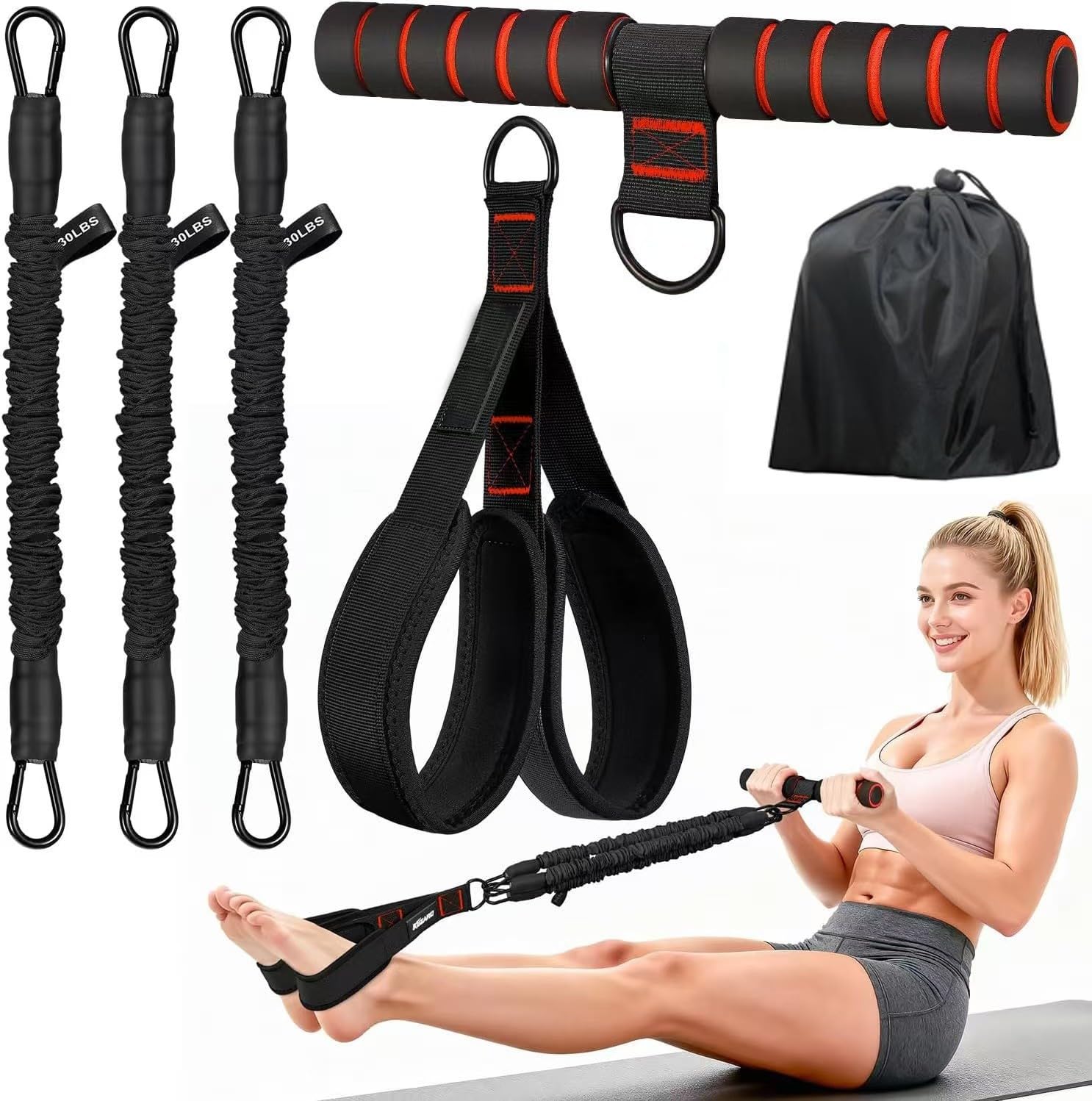 Pedal Resistance Band with Handle, Black, 3 Tubes, 90LBS